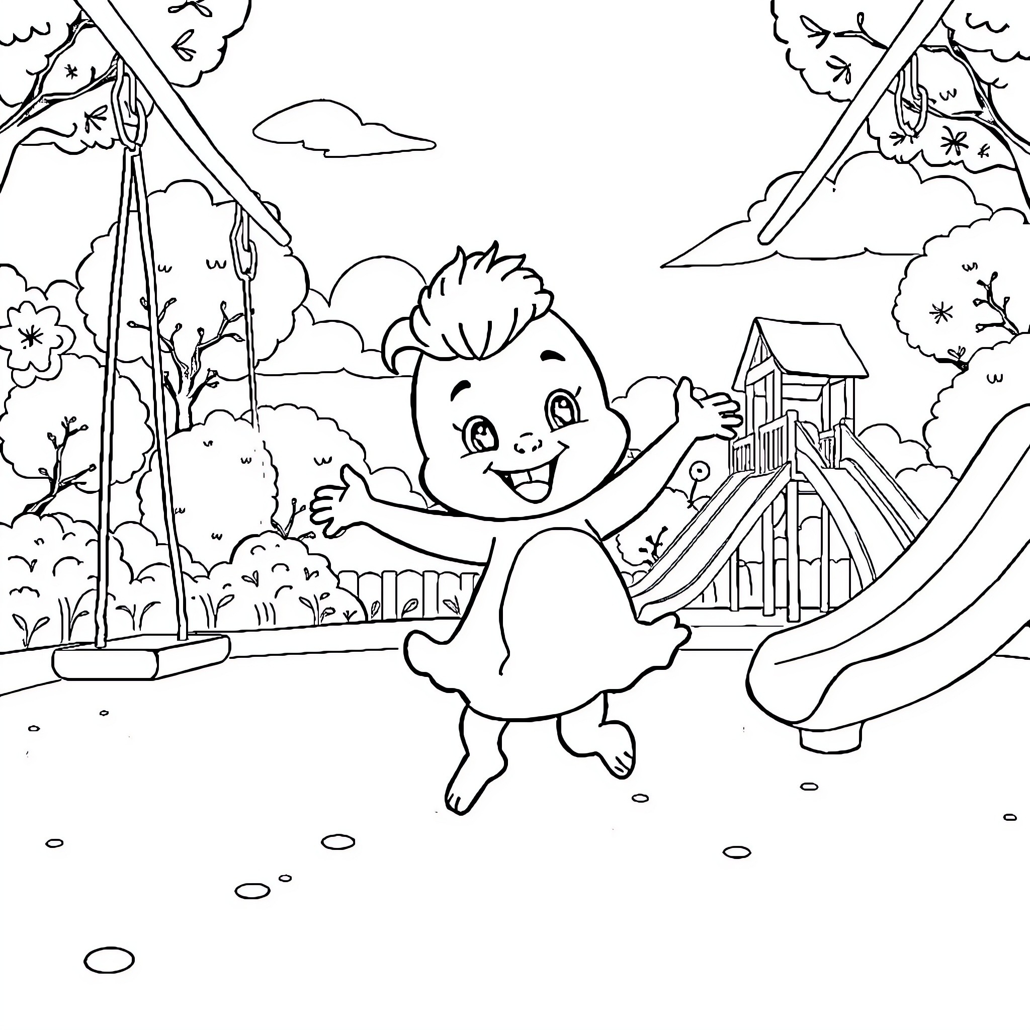 Sprunki's Joyful Playground Adventure Coloring Page (free black-and-white line drawing printable PDF for all, from beginners to advanced learners, including children, teens, adults, and seniors)