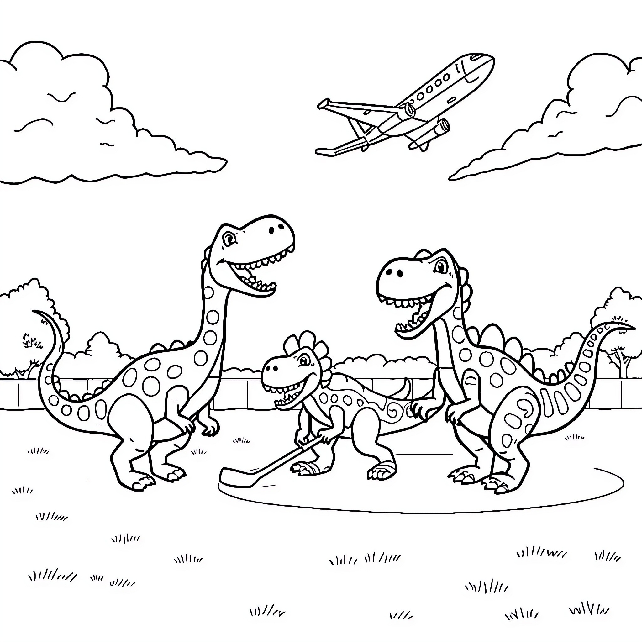 Dinosaurs playing and exploring in nature Coloring Page (free black-and-white line drawing printable PDF for all, from beginners to advanced learners, including children, teens, adults, and seniors)