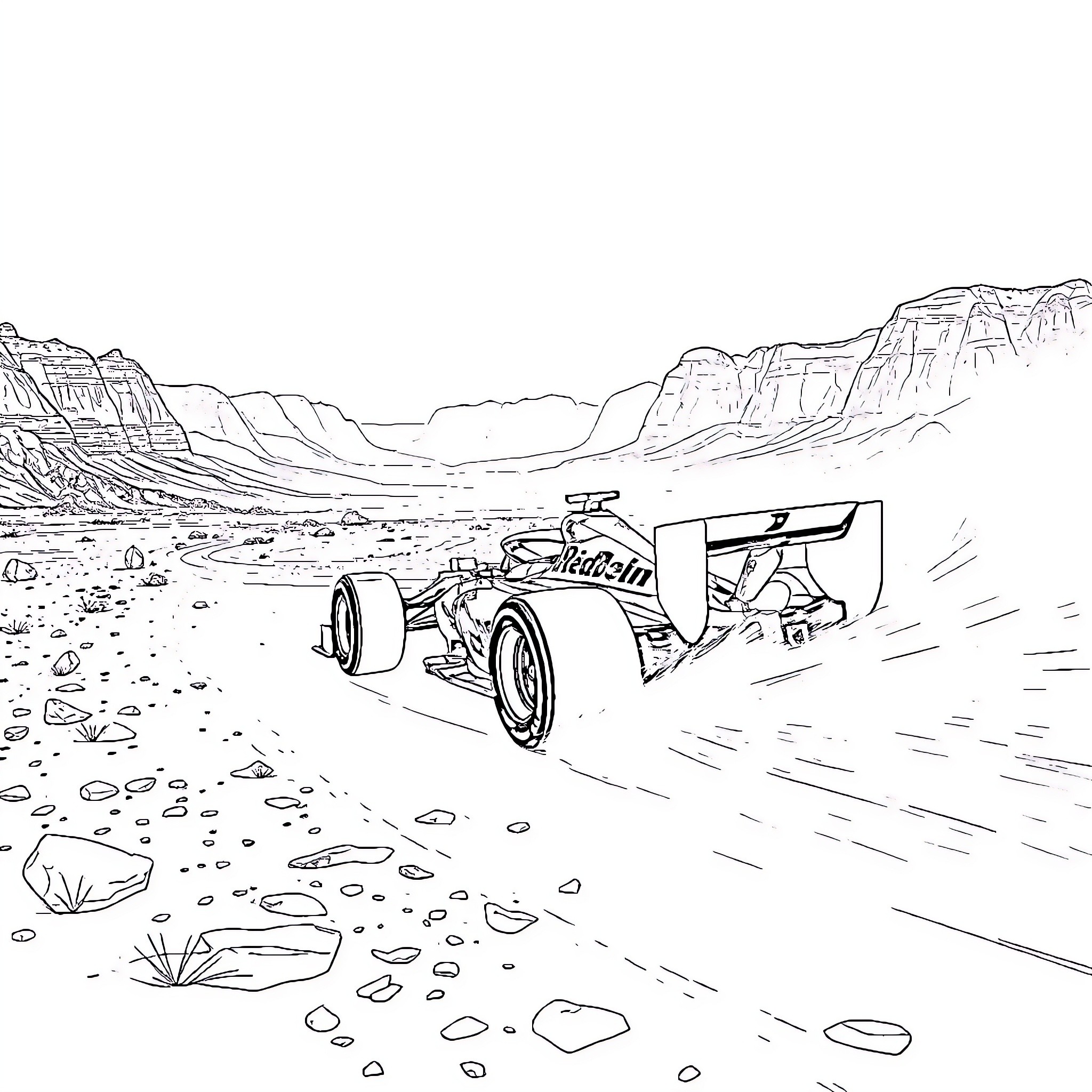 Formula 1 Car Racing Through Desert Landscape Coloring Page (free black-and-white line drawing printable PDF for all, from beginners to advanced learners, including children, teens, adults, and seniors)
