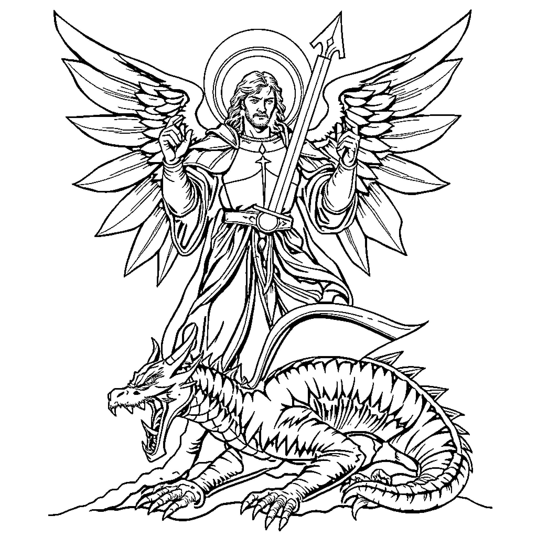 Saint Michael Vanquishing the Demonic Dragon Coloring Page (free black-and-white line drawing printable PDF for all, from beginners to advanced learners, including children, teens, adults, and seniors)