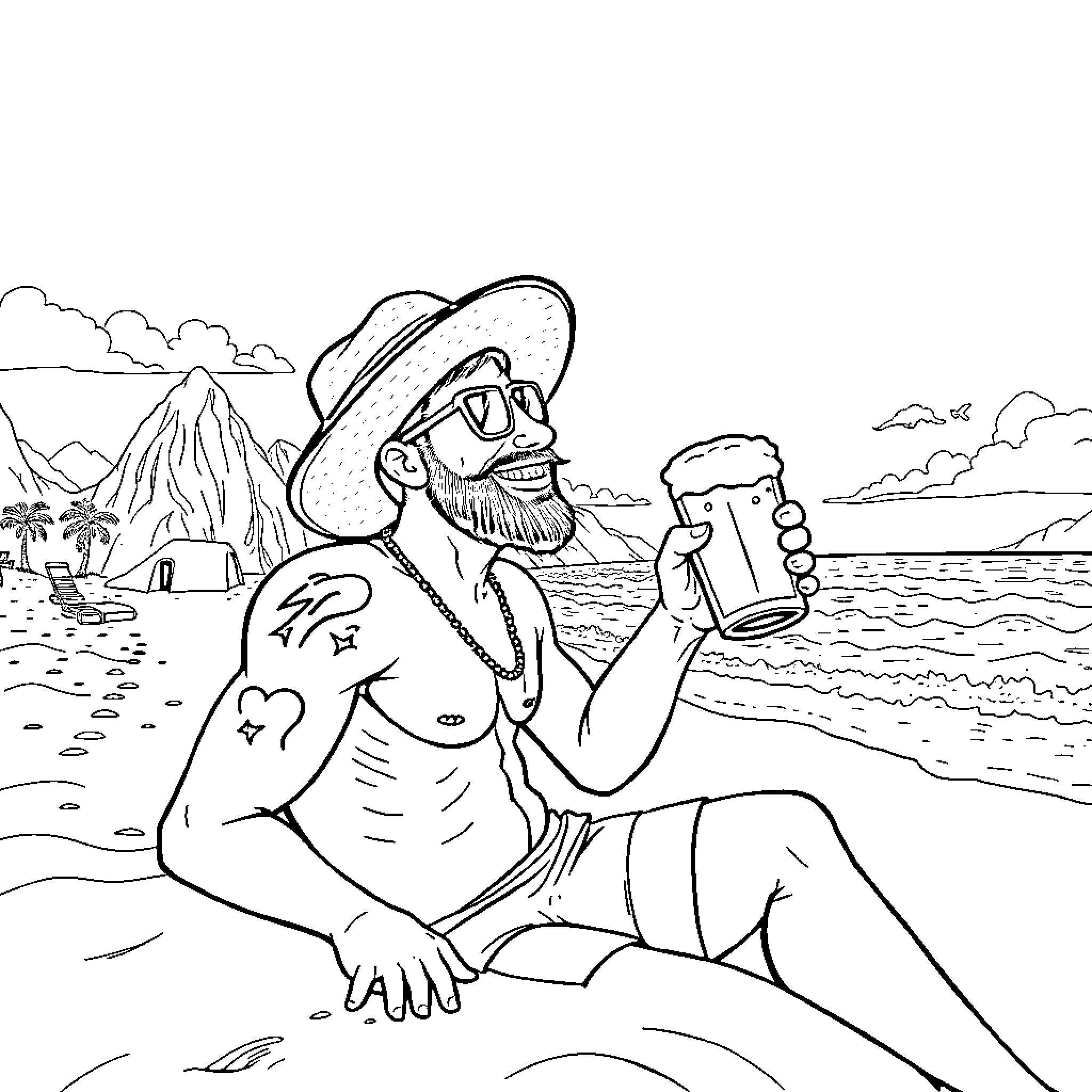 Kenai enjoying a refreshing drink on the beach Coloring Page (free black-and-white line drawing printable PDF for all, from beginners to advanced learners, including children, teens, adults, and seniors)
