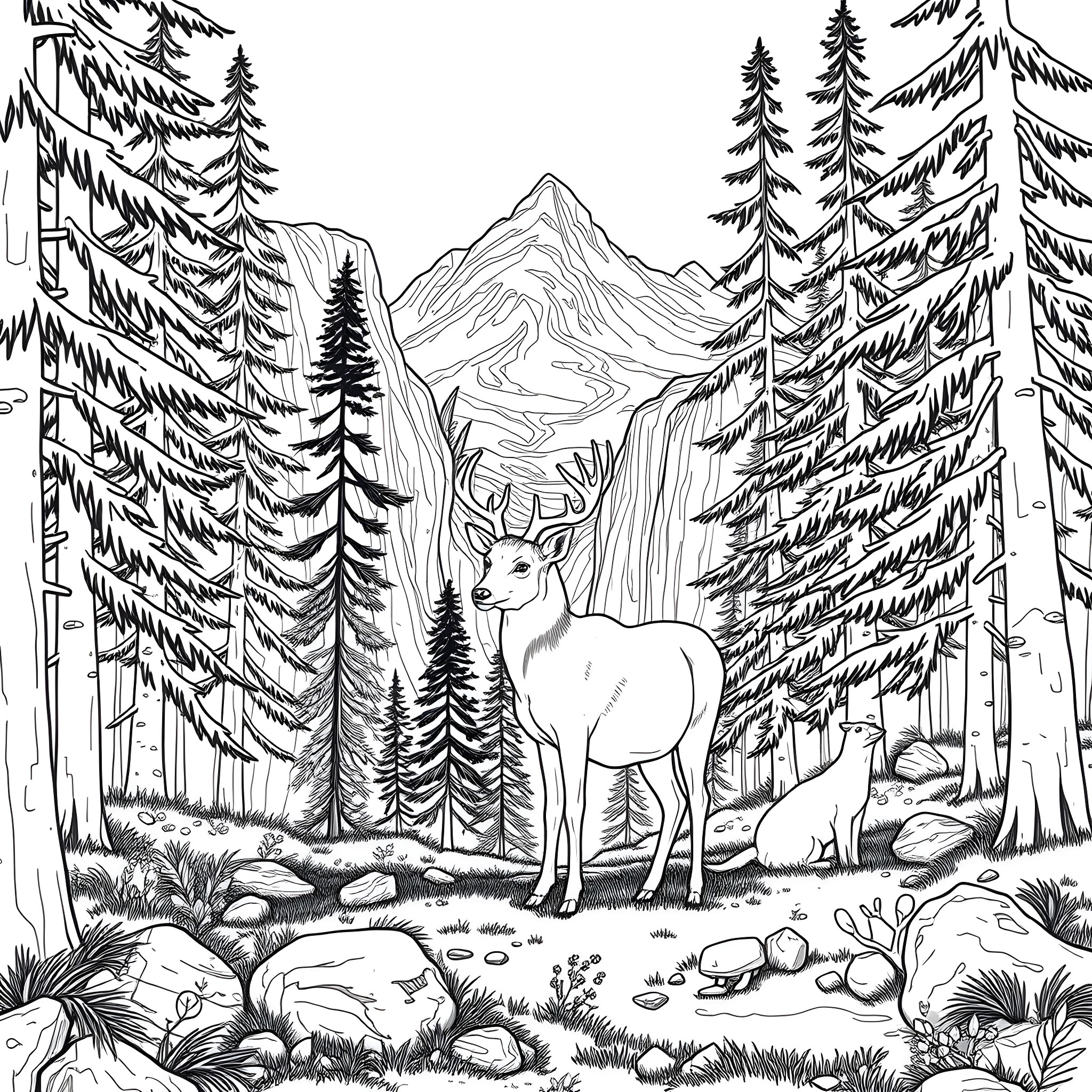 Deer standing in a snowy forest landscape Coloring Page (free black-and-white line drawing printable PDF for all, from beginners to advanced learners, including children, teens, adults, and seniors)