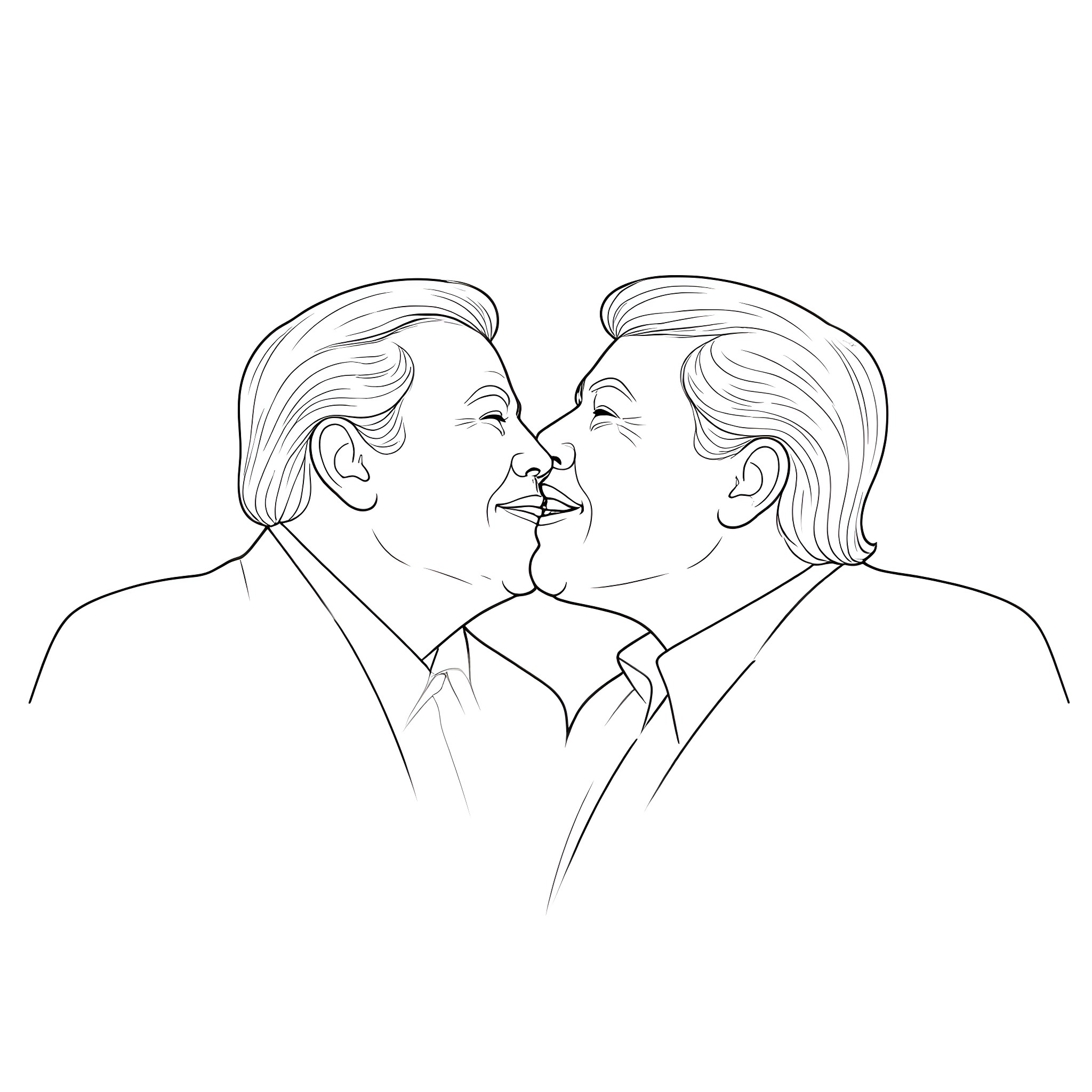 Donald Trump meeting another Donald Trump with smiles Coloring Page (free black-and-white line drawing printable PDF for all, from beginners to advanced learners, including children, teens, adults, and seniors)