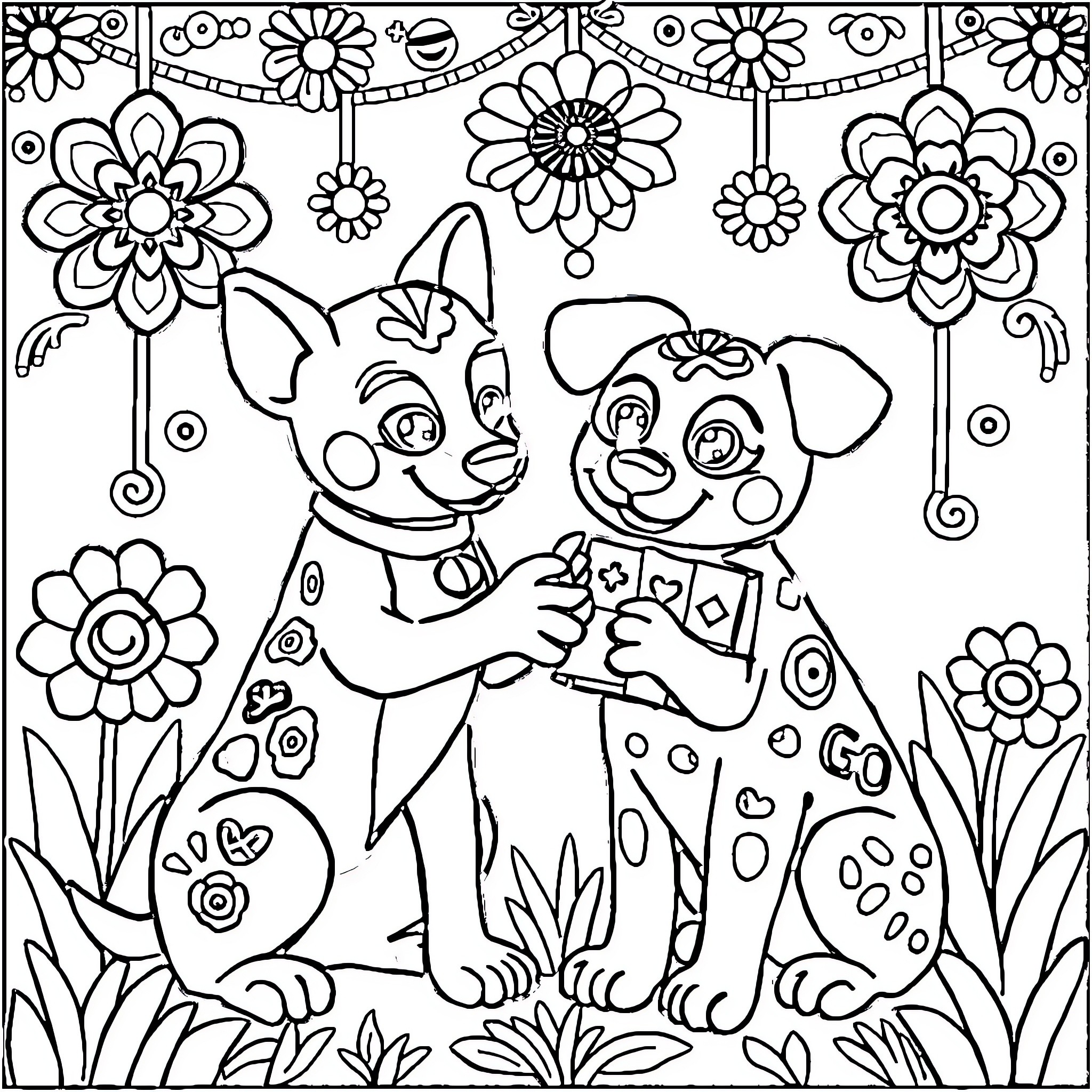 Bluey and Bingo Playing in a Floral Field Coloring Page (free black-and-white line drawing printable PDF for all, from beginners to advanced learners, including children, teens, adults, and seniors)
