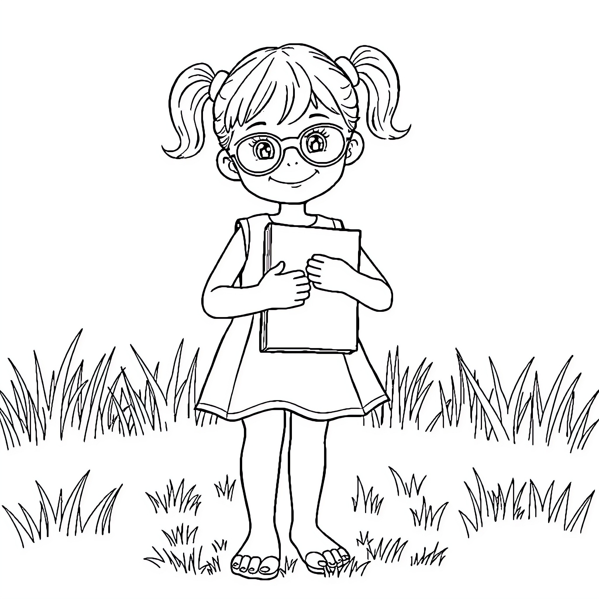 Girl reading a book in the park Coloring Page (free black-and-white line drawing printable PDF for all, from beginners to advanced learners, including children, teens, adults, and seniors)