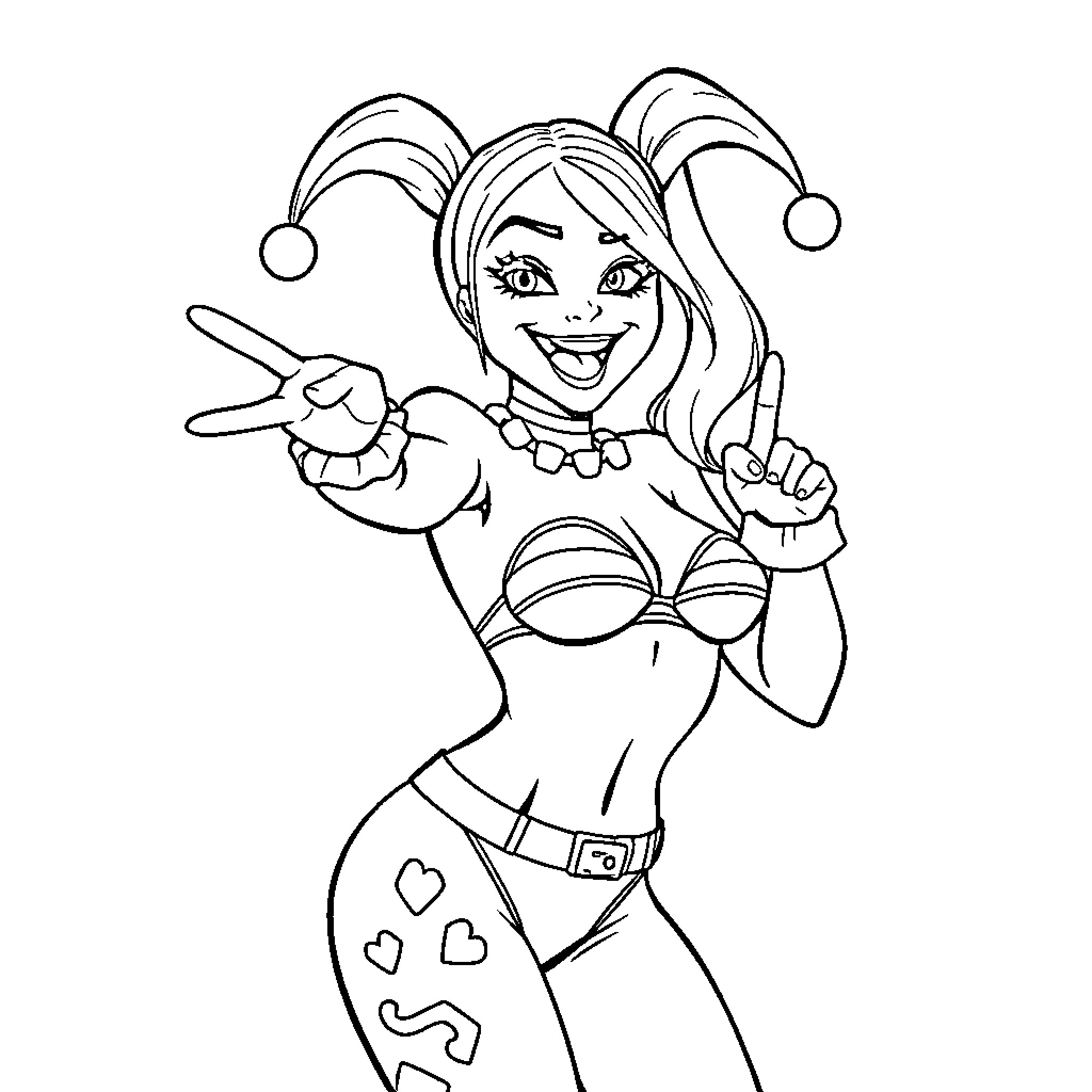 Harley Quinn making a playful gesture Coloring Page (free black-and-white line drawing printable PDF for all, from beginners to advanced learners, including children, teens, adults, and seniors)