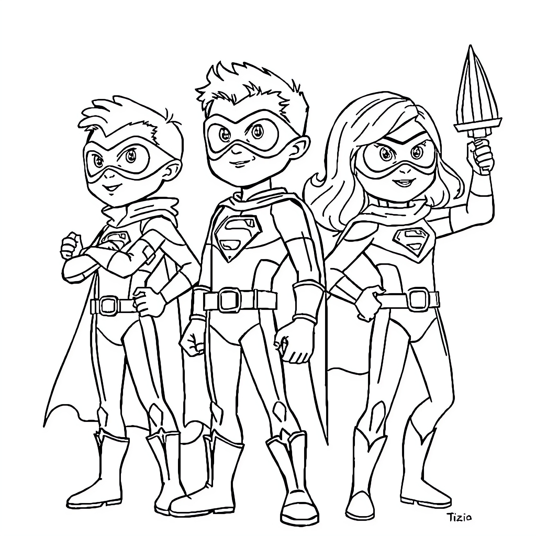 Superhero Team Poised for Action Coloring Page (free black-and-white line drawing printable PDF for all, from beginners to advanced learners, including children, teens, adults, and seniors)