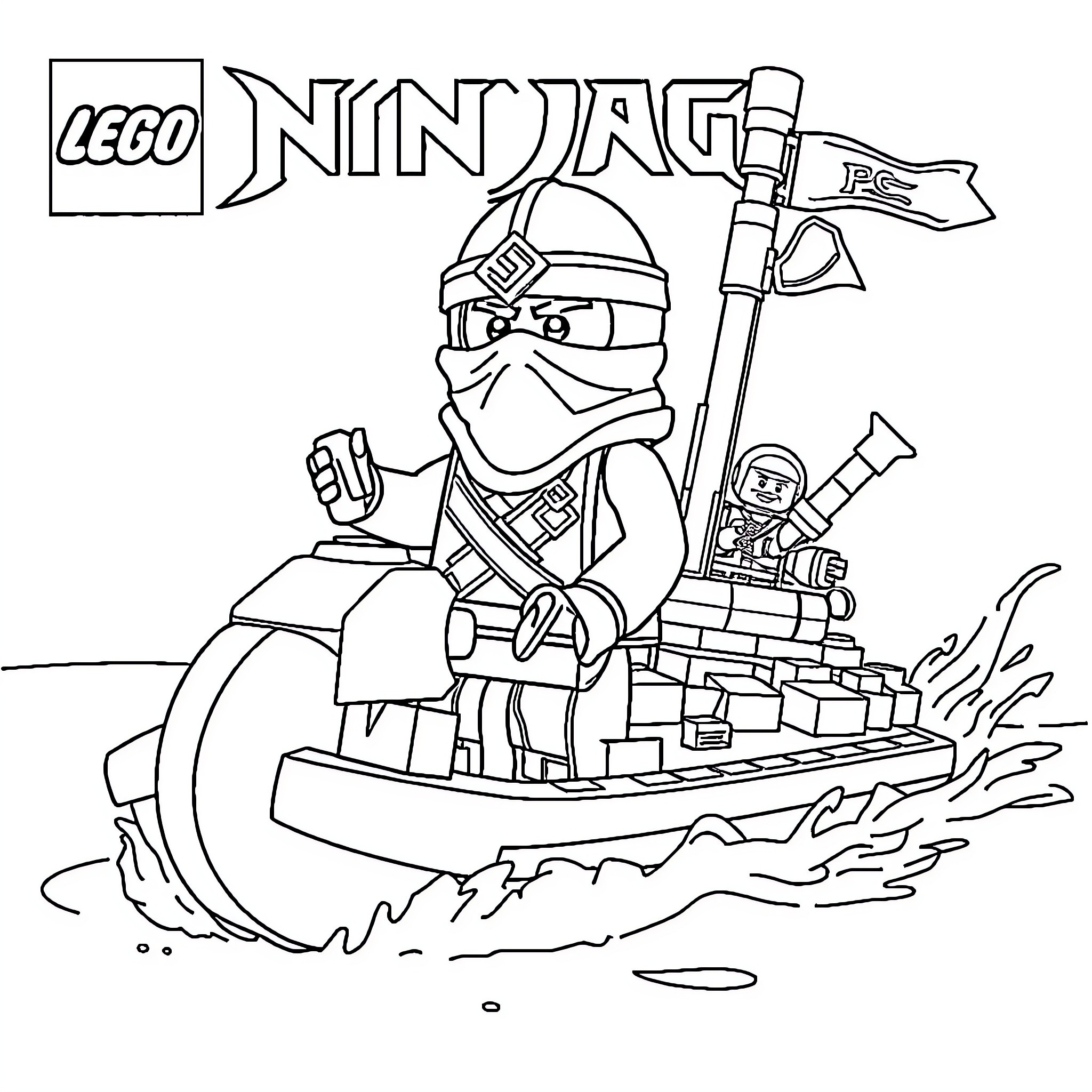 Watersailer riding a Lego boat with ninja character Coloring Page (free black-and-white line drawing printable PDF for all, from beginners to advanced learners, including children, teens, adults, and seniors)