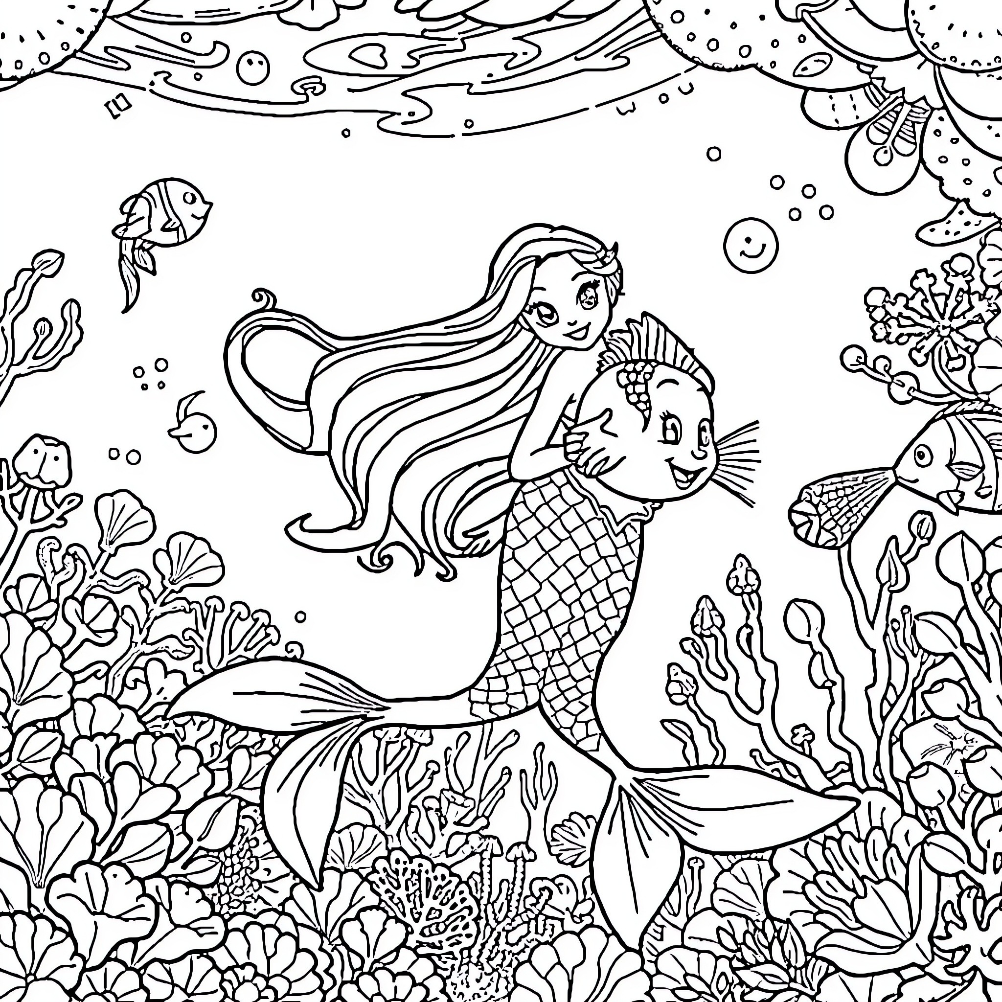 Mermaid exploring vibrant underwater seascape Coloring Page (free black-and-white line drawing printable PDF for all, from beginners to advanced learners, including children, teens, adults, and seniors)