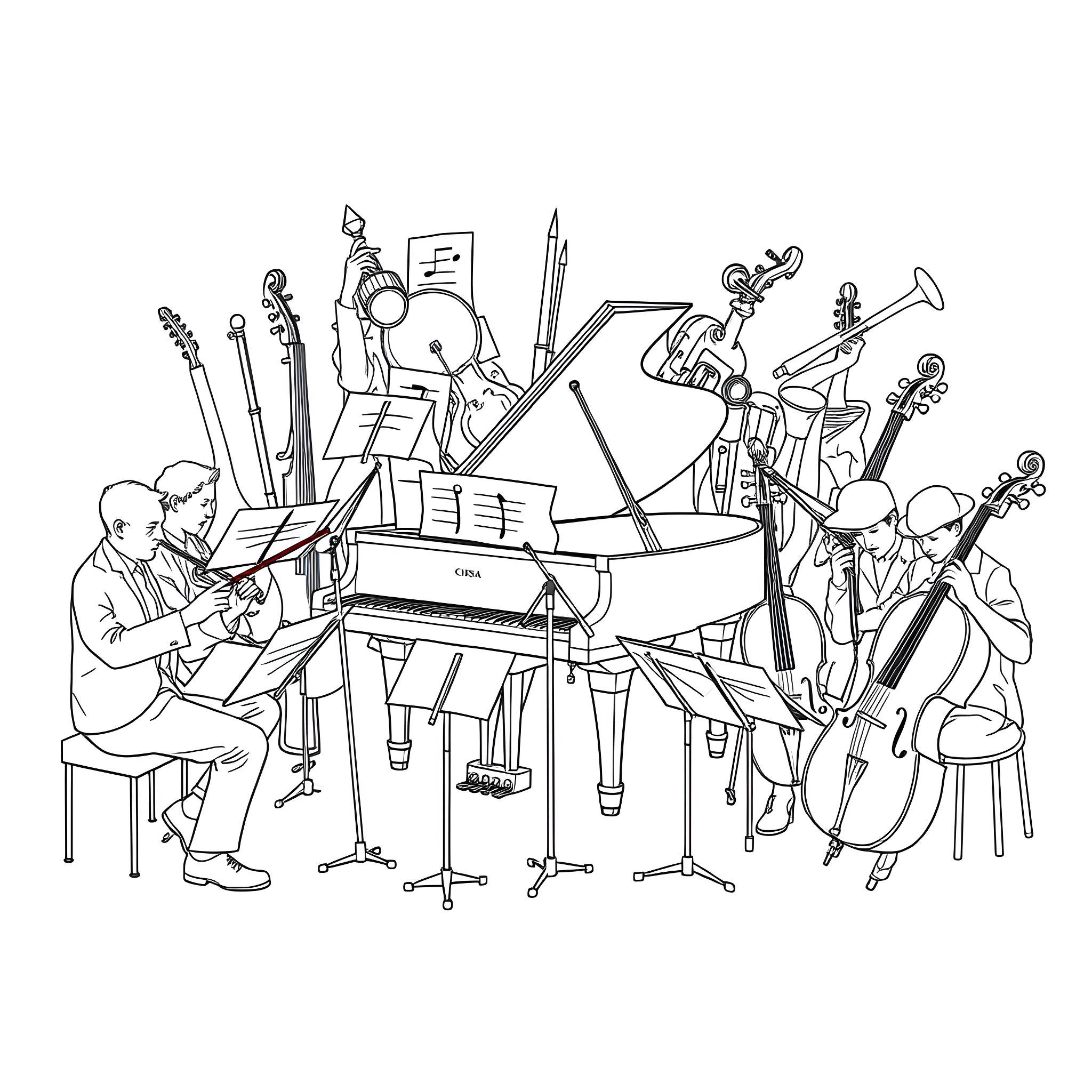 Instrument Musicians Performing Together on Stage Coloring Page (free black-and-white line drawing printable PDF for all, from beginners to advanced learners, including children, teens, adults, and seniors)