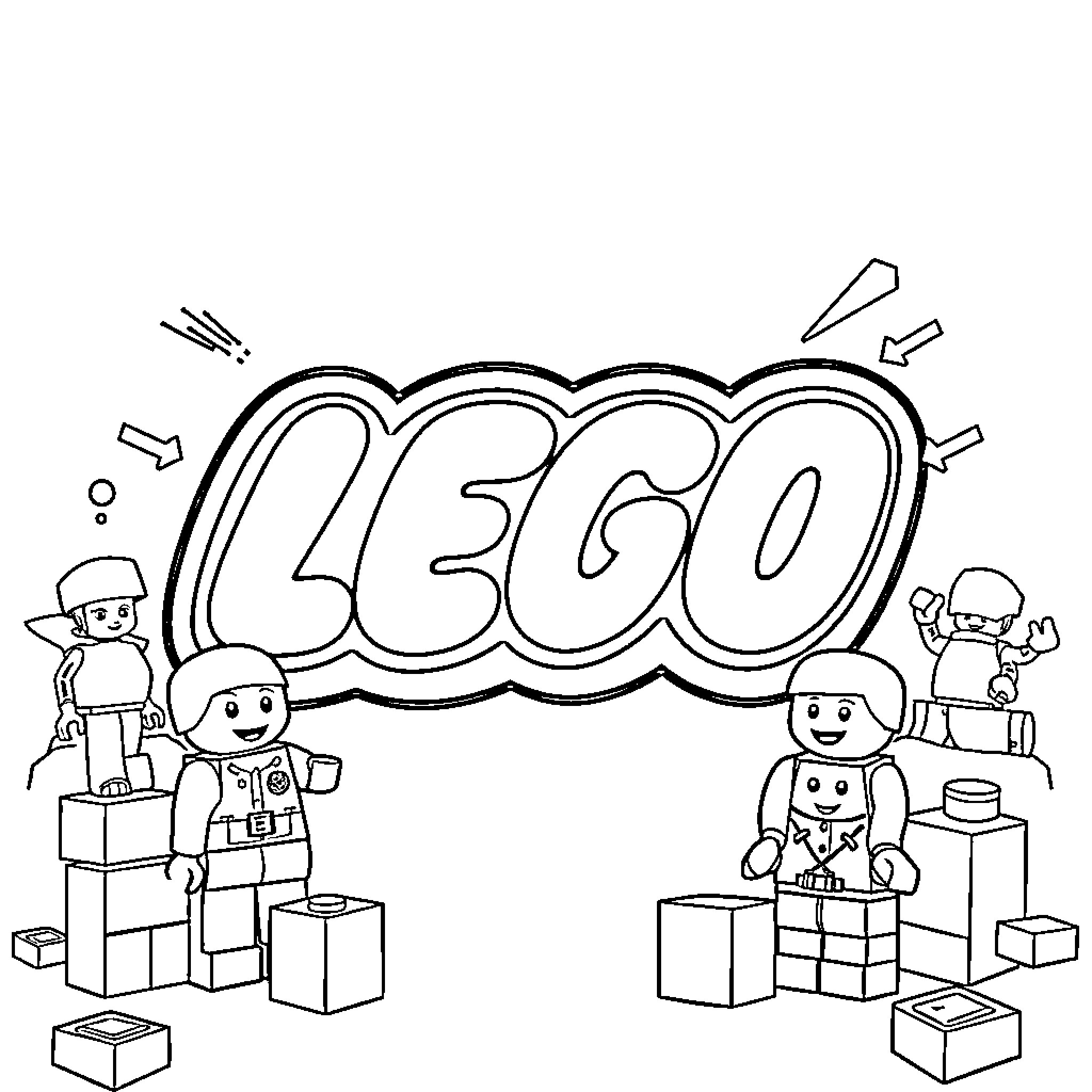 Wokong playing with Lego bricks and characters Coloring Page (free black-and-white line drawing printable PDF for all, from beginners to advanced learners, including children, teens, adults, and seniors)
