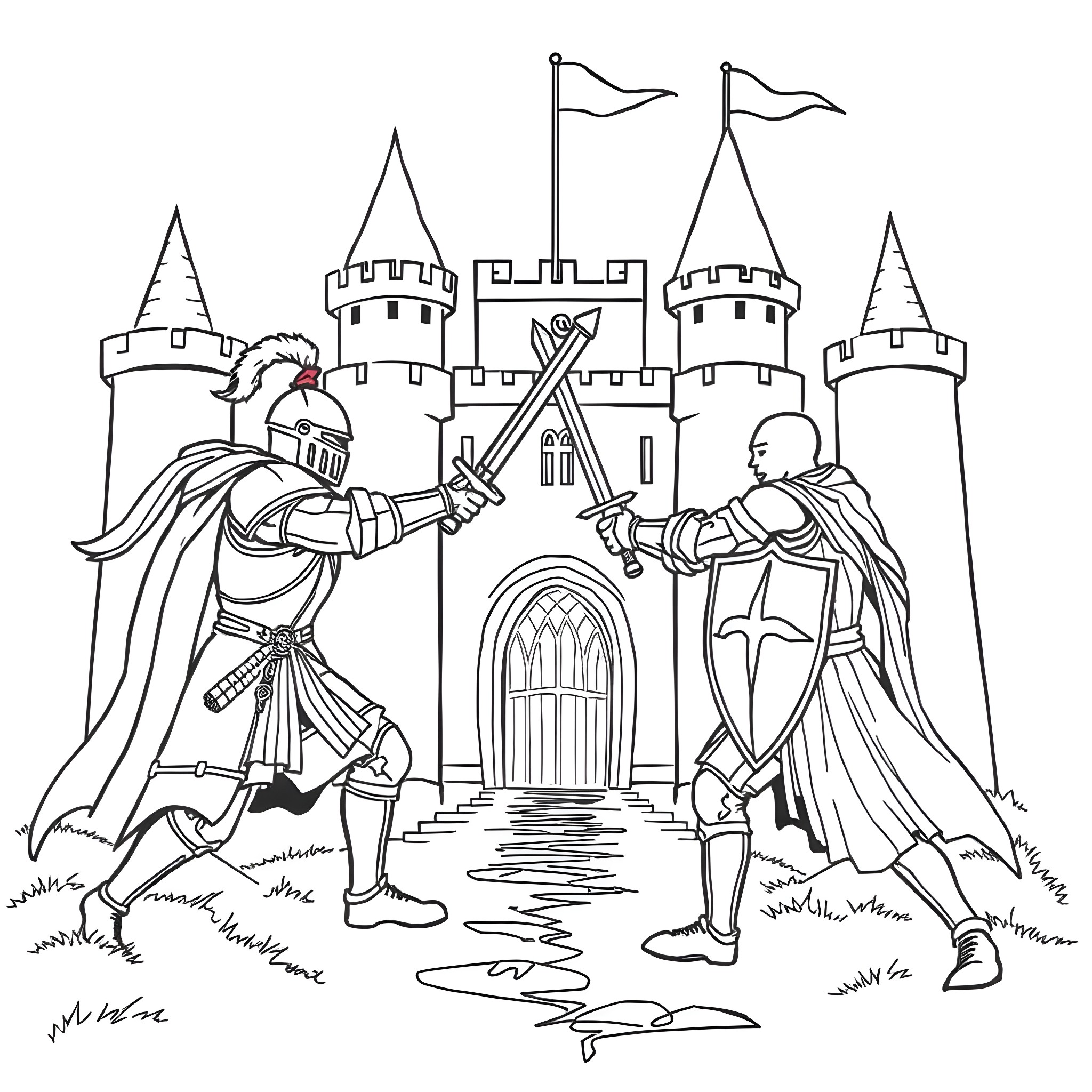Castle with Knights in Armor Fighting Coloring Page (free black-and-white line drawing printable PDF for all, from beginners to advanced learners, including children, teens, adults, and seniors)