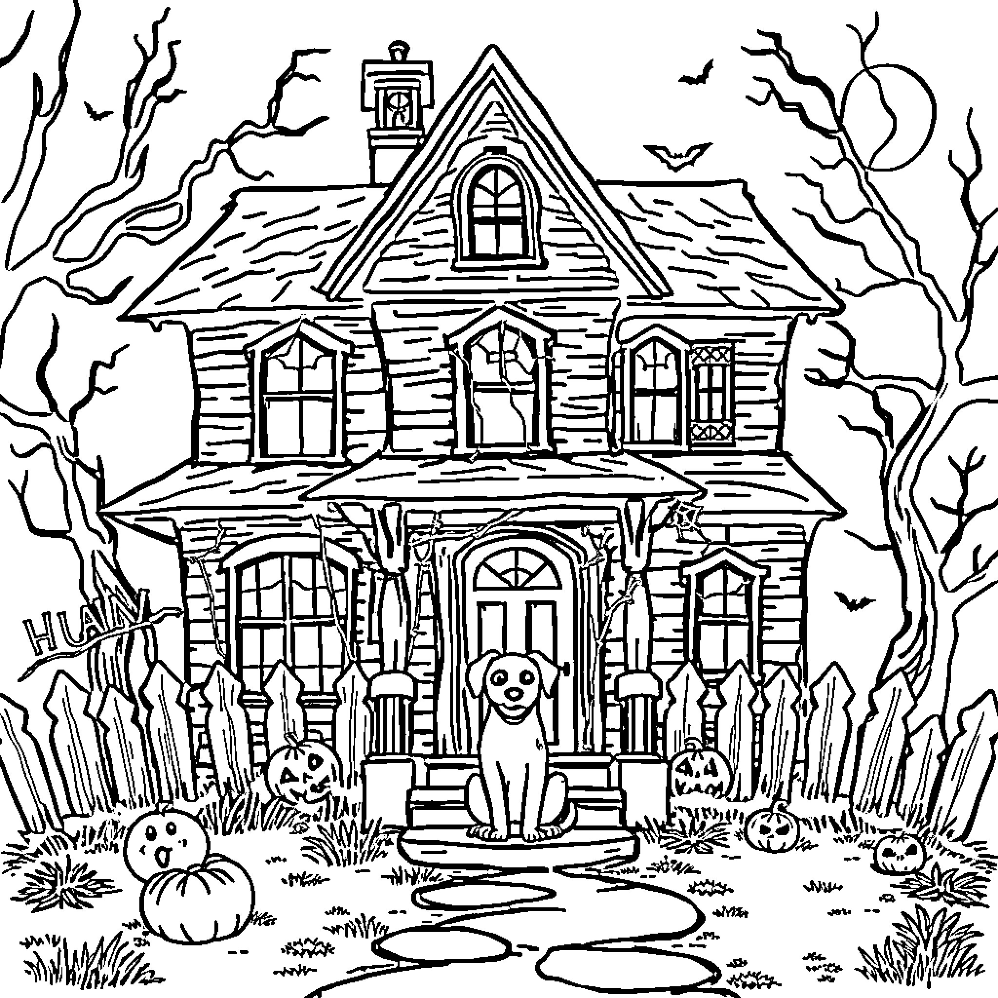 Haunted House with Spooky Figures and Decor Coloring Page (free black-and-white line drawing printable PDF for all, from beginners to advanced learners, including children, teens, adults, and seniors)