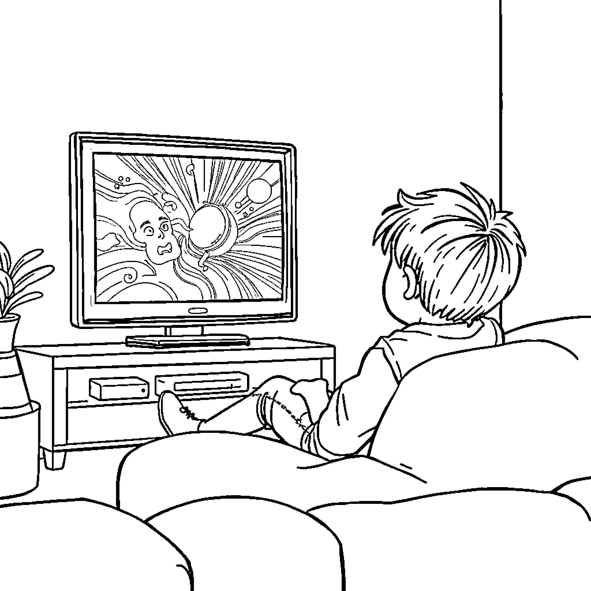Boy Watching Cartoon on TV Coloring Page (free black-and-white line drawing printable PDF for all, from beginners to advanced learners, including children, teens, adults, and seniors)