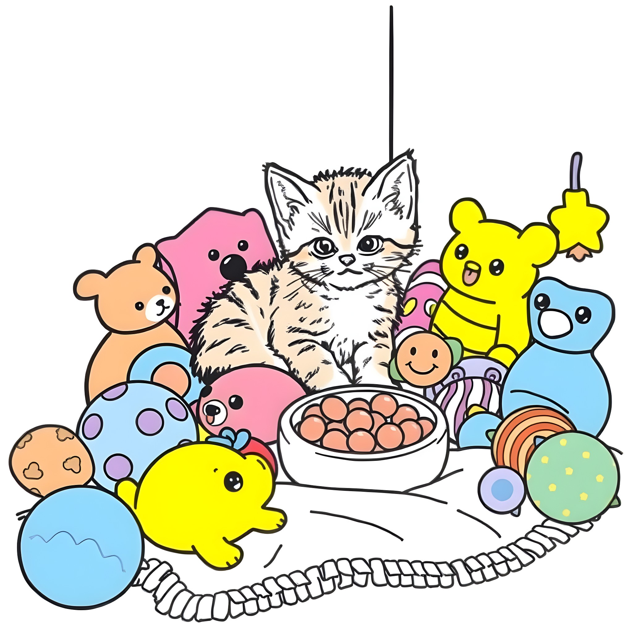 Kitten surrounded by colorful toys and treats Coloring Page (free black-and-white line drawing printable PDF for all, from beginners to advanced learners, including children, teens, adults, and seniors)