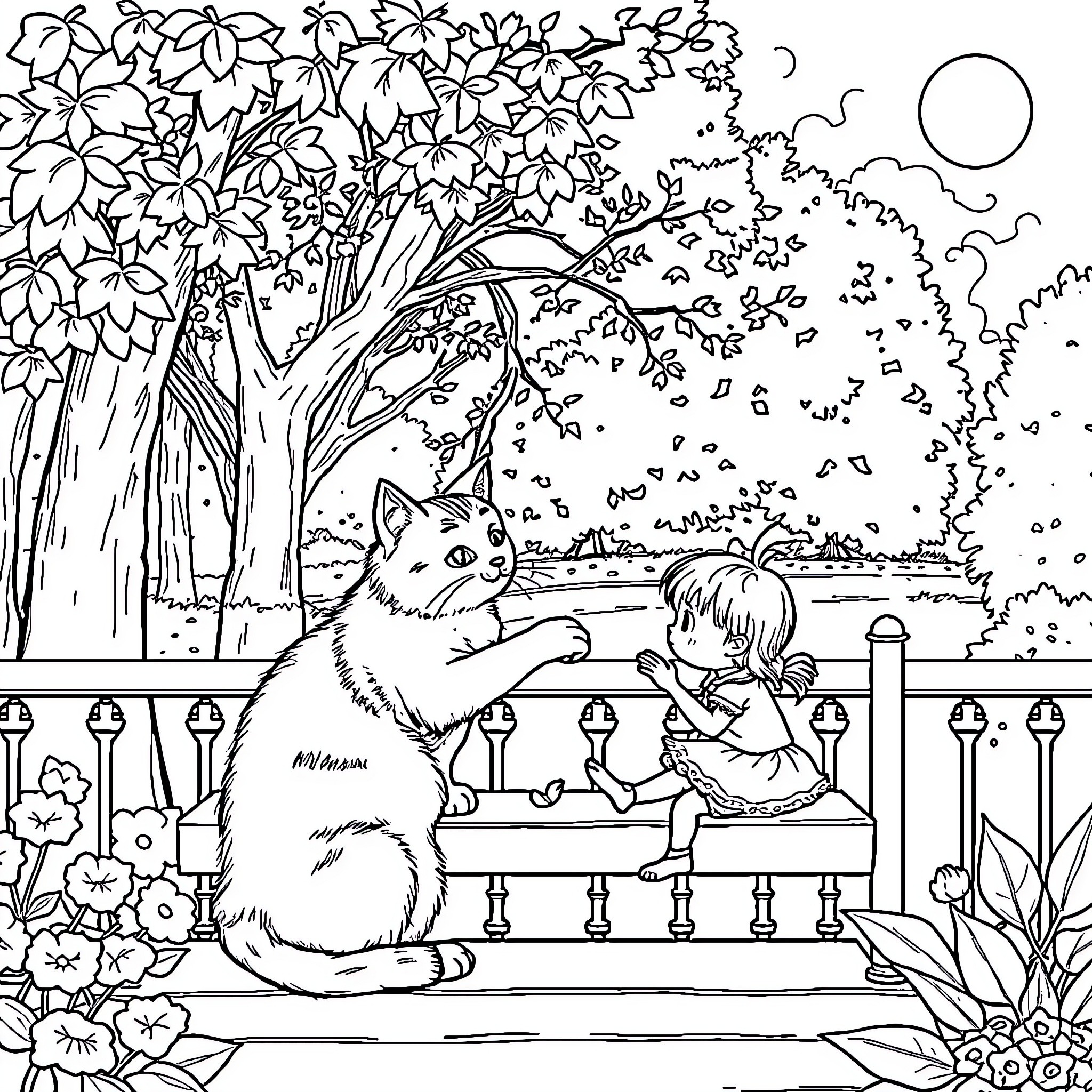 Cat and child in a serene garden setting Coloring Page (free black-and-white line drawing printable PDF for all, from beginners to advanced learners, including children, teens, adults, and seniors)