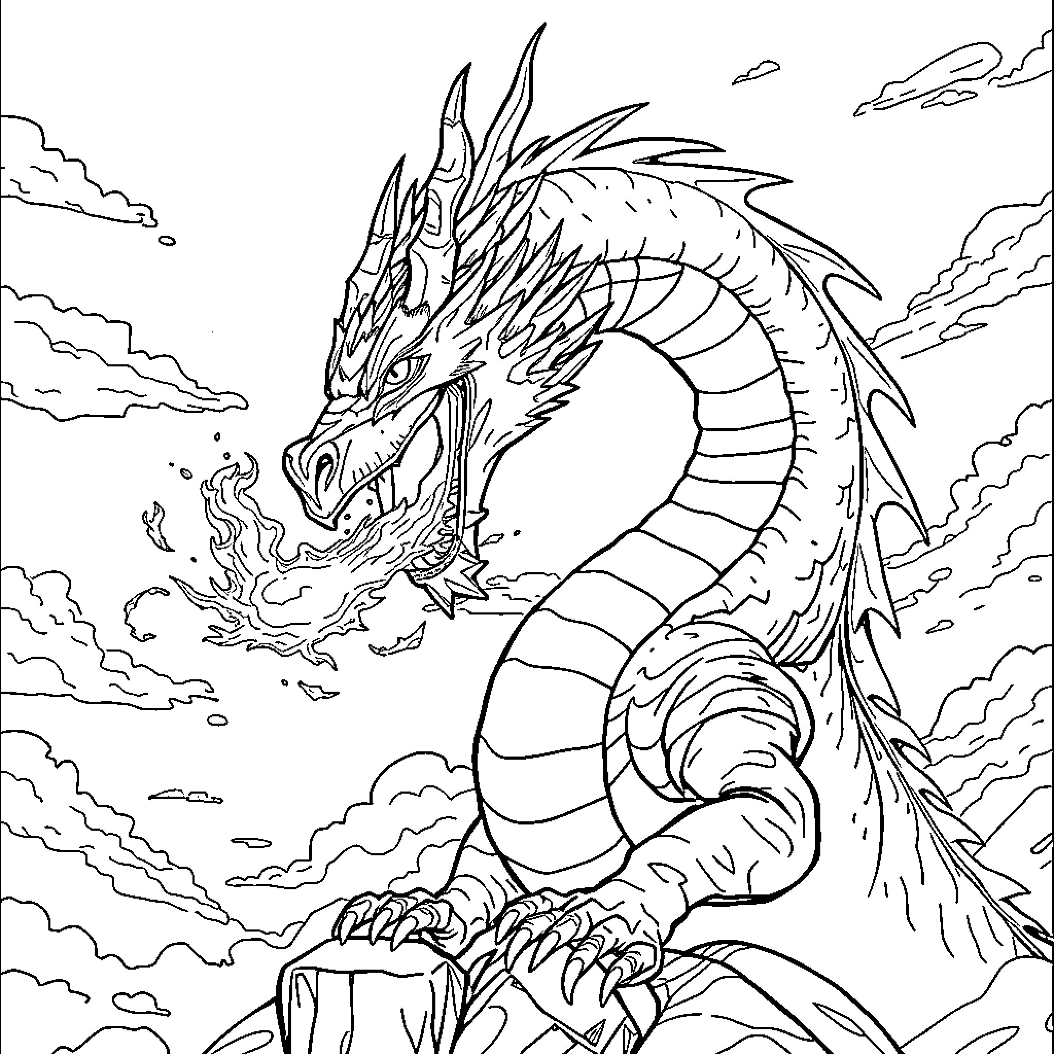 Dragon in flight unleashing fiery breath Coloring Page (free black-and-white line drawing printable PDF for all, from beginners to advanced learners, including children, teens, adults, and seniors)