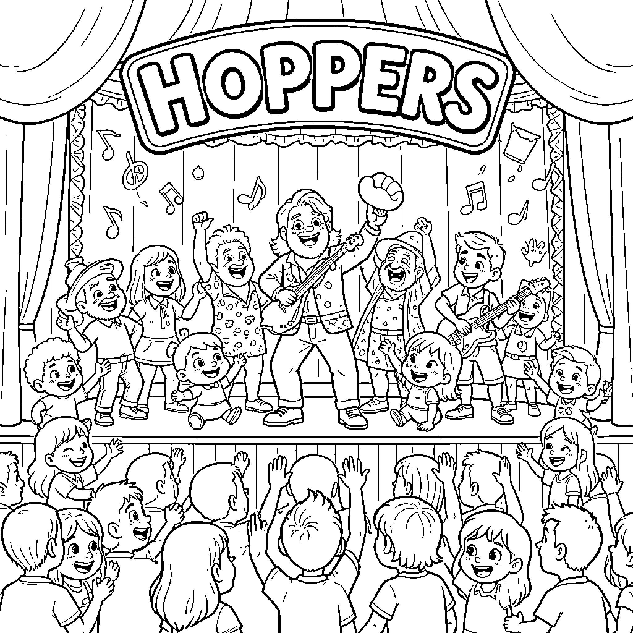 Hoppers Performing on Stage Coloring Page (free black-and-white line drawing printable PDF for all, from beginners to advanced learners, including children, teens, adults, and seniors)