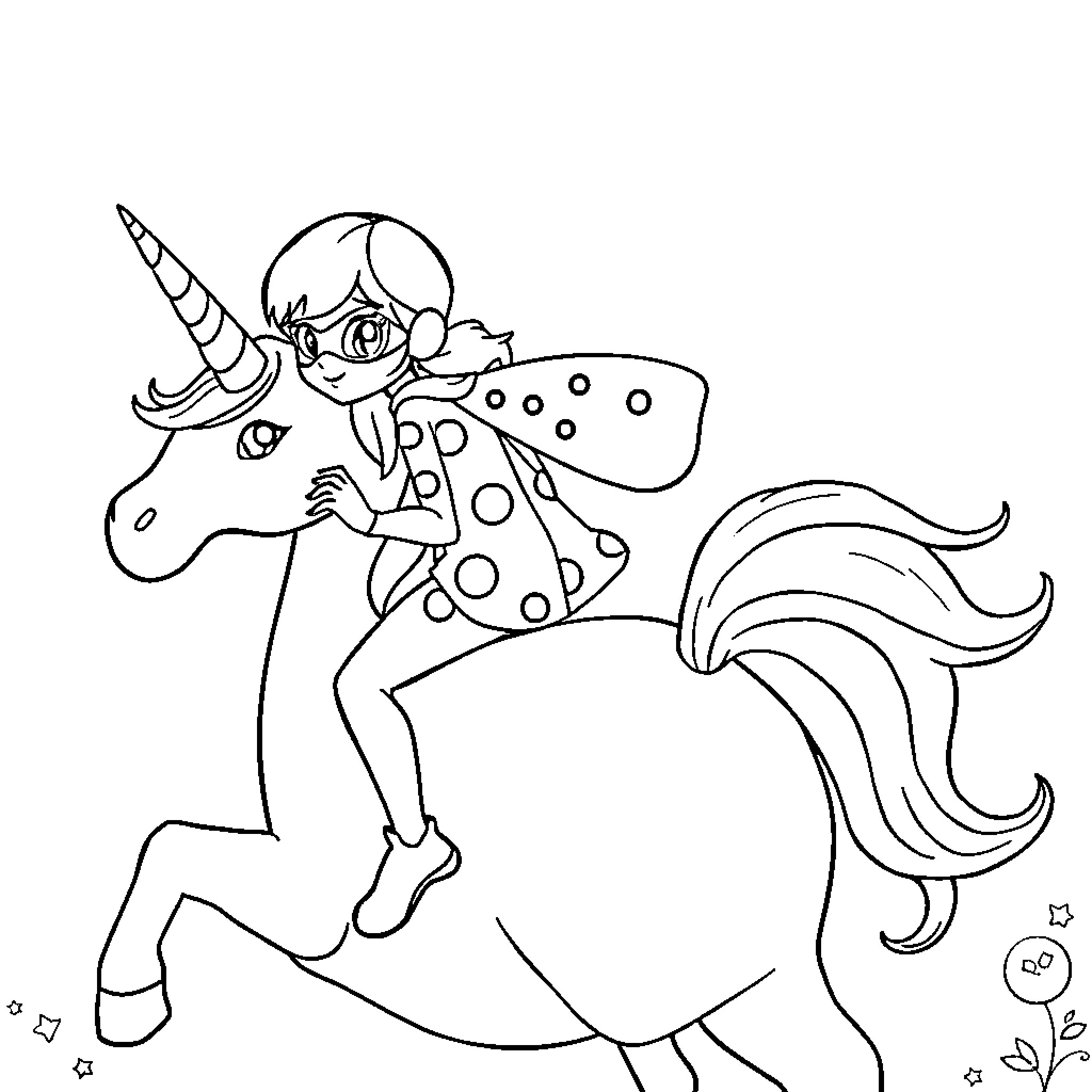 Ladybug riding a magical unicorn Coloring Page (free black-and-white line drawing printable PDF for all, from beginners to advanced learners, including children, teens, adults, and seniors)