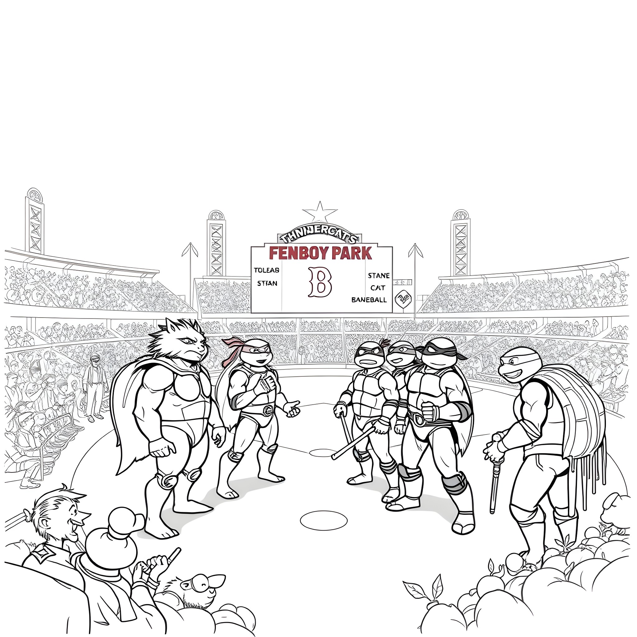 Thundercats playing baseball at Fenboy Park stadium Coloring Page (free black-and-white line drawing printable PDF for all, from beginners to advanced learners, including children, teens, adults, and seniors)