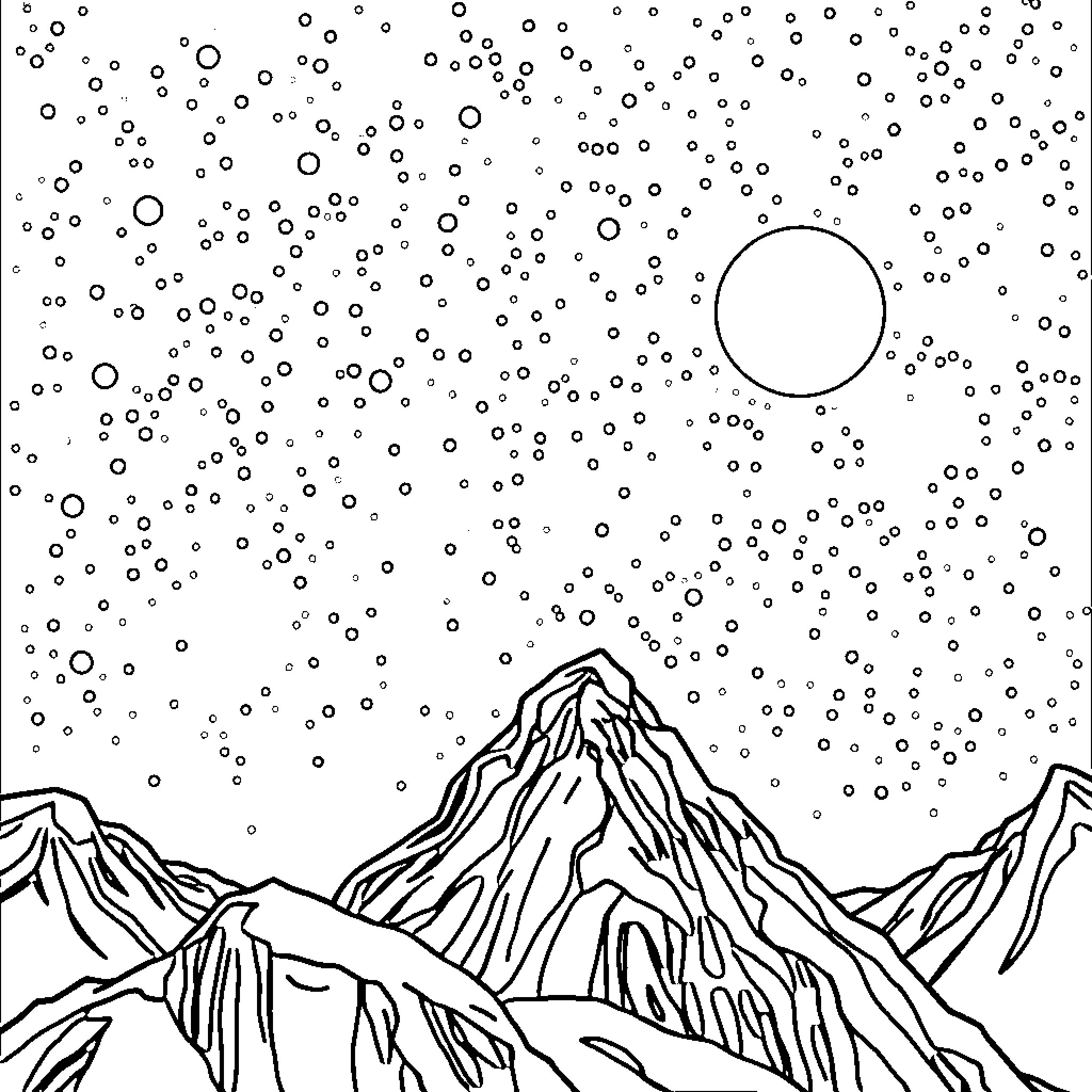 Polar Sky Filled with Snowy Mountains and Celestial Orbs Coloring Page (free black-and-white line drawing printable PDF for all, from beginners to advanced learners, including children, teens, adults, and seniors)