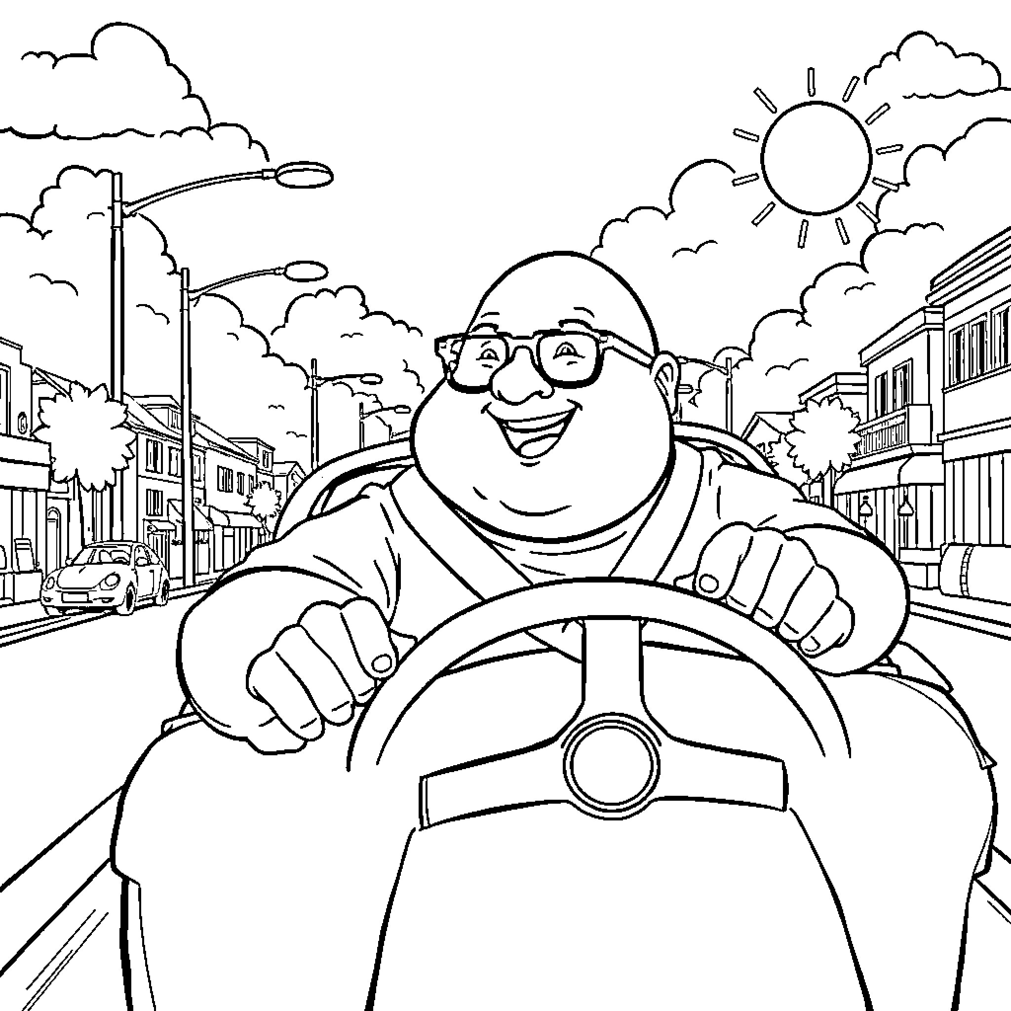 Guy happily driving his scooter down the street Coloring Page (free black-and-white line drawing printable PDF for all, from beginners to advanced learners, including children, teens, adults, and seniors)