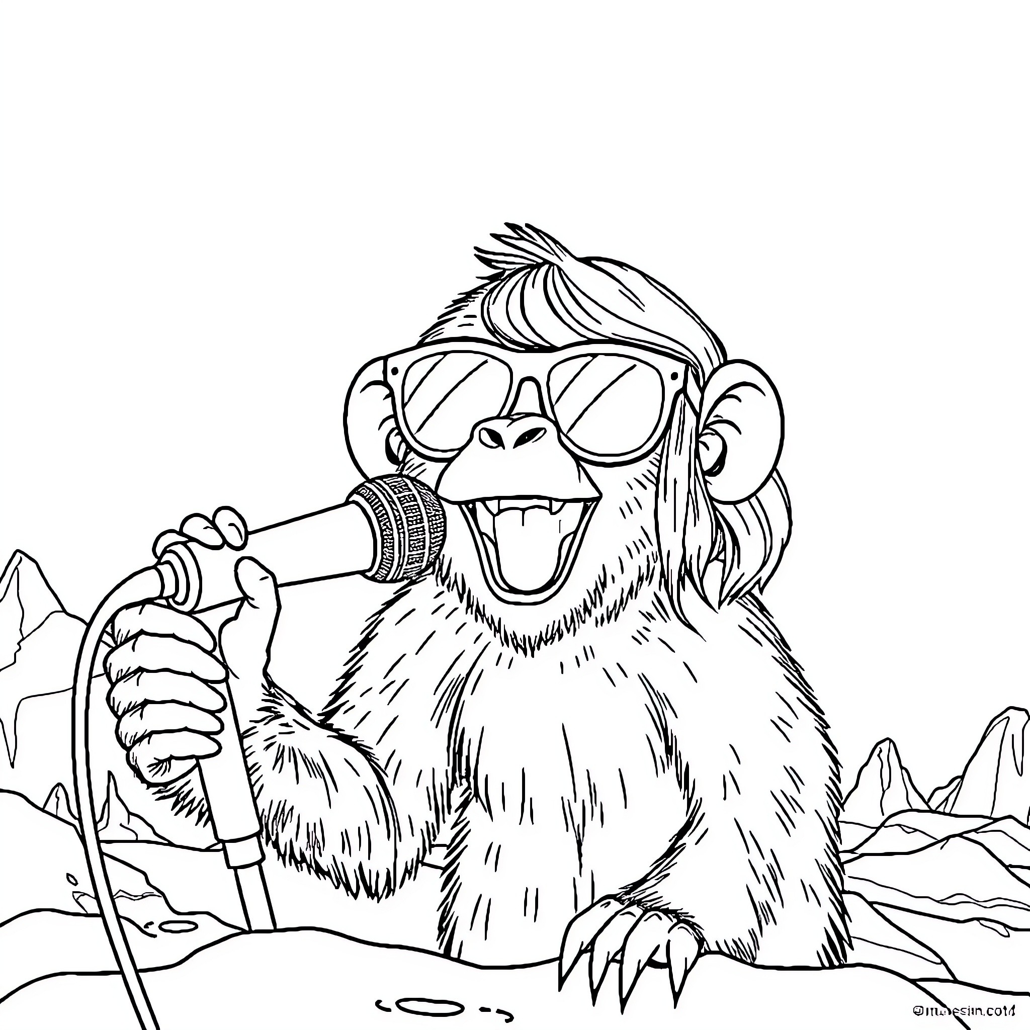 Monkey with Microphone in Outdoor Scene Coloring Page (free black-and-white line drawing printable PDF for all, from beginners to advanced learners, including children, teens, adults, and seniors)