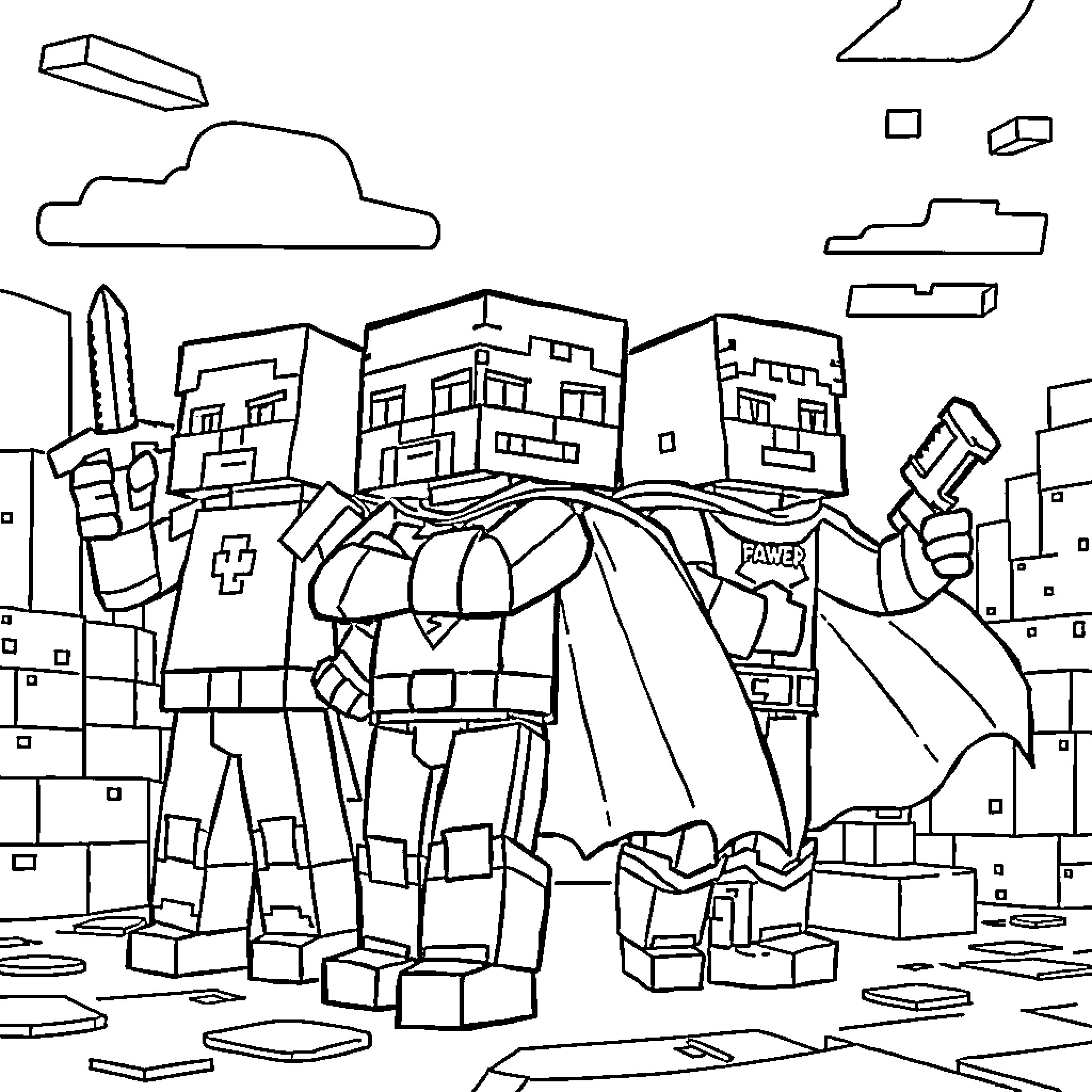 Minecraft Superhero Figures in Action Scene Coloring Page (free black-and-white line drawing printable PDF for all, from beginners to advanced learners, including children, teens, adults, and seniors)