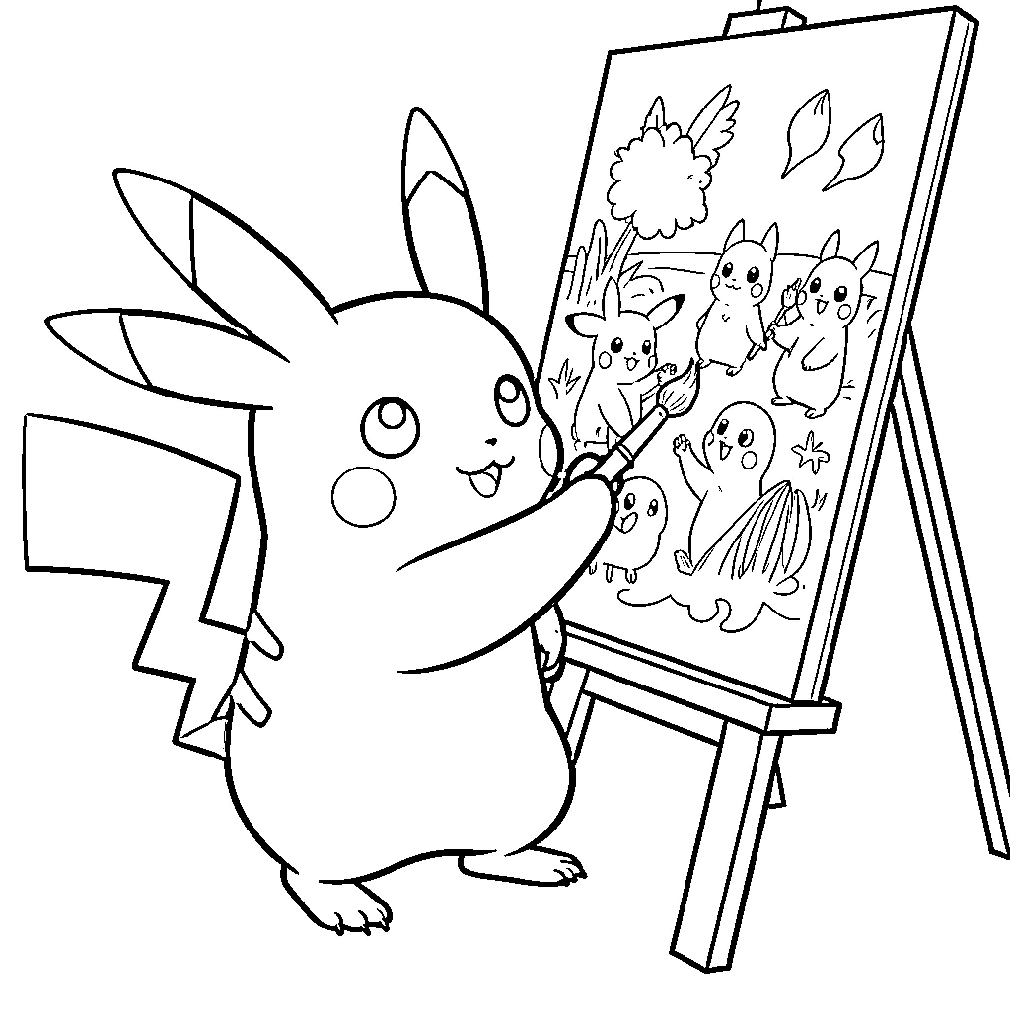 Pikachu painting a group of friends on a canvas Coloring Page (free black-and-white line drawing printable PDF for all, from beginners to advanced learners, including children, teens, adults, and seniors)