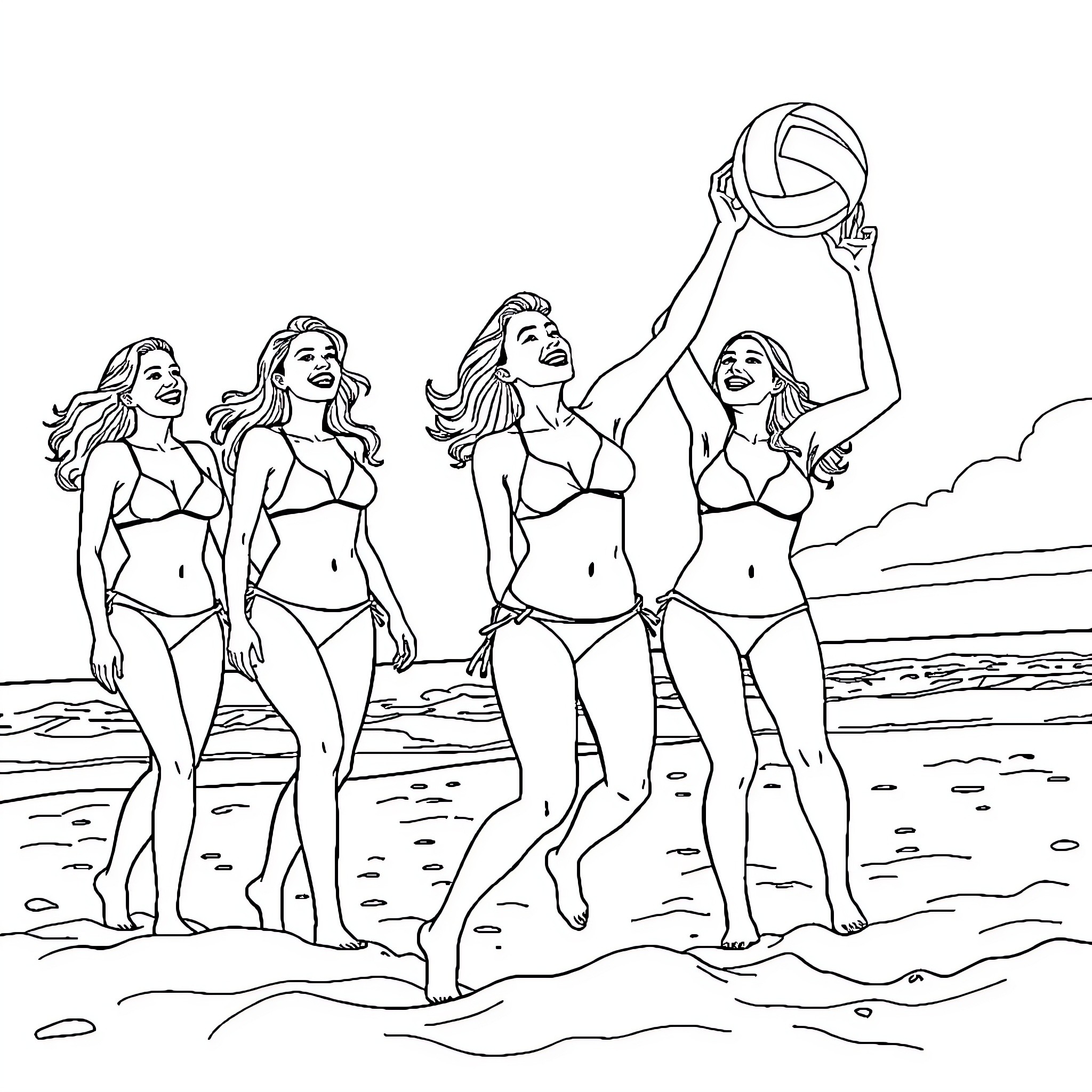 Teen girls playing volleyball on the beach Coloring Page (free black-and-white line drawing printable PDF for all, from beginners to advanced learners, including children, teens, adults, and seniors)