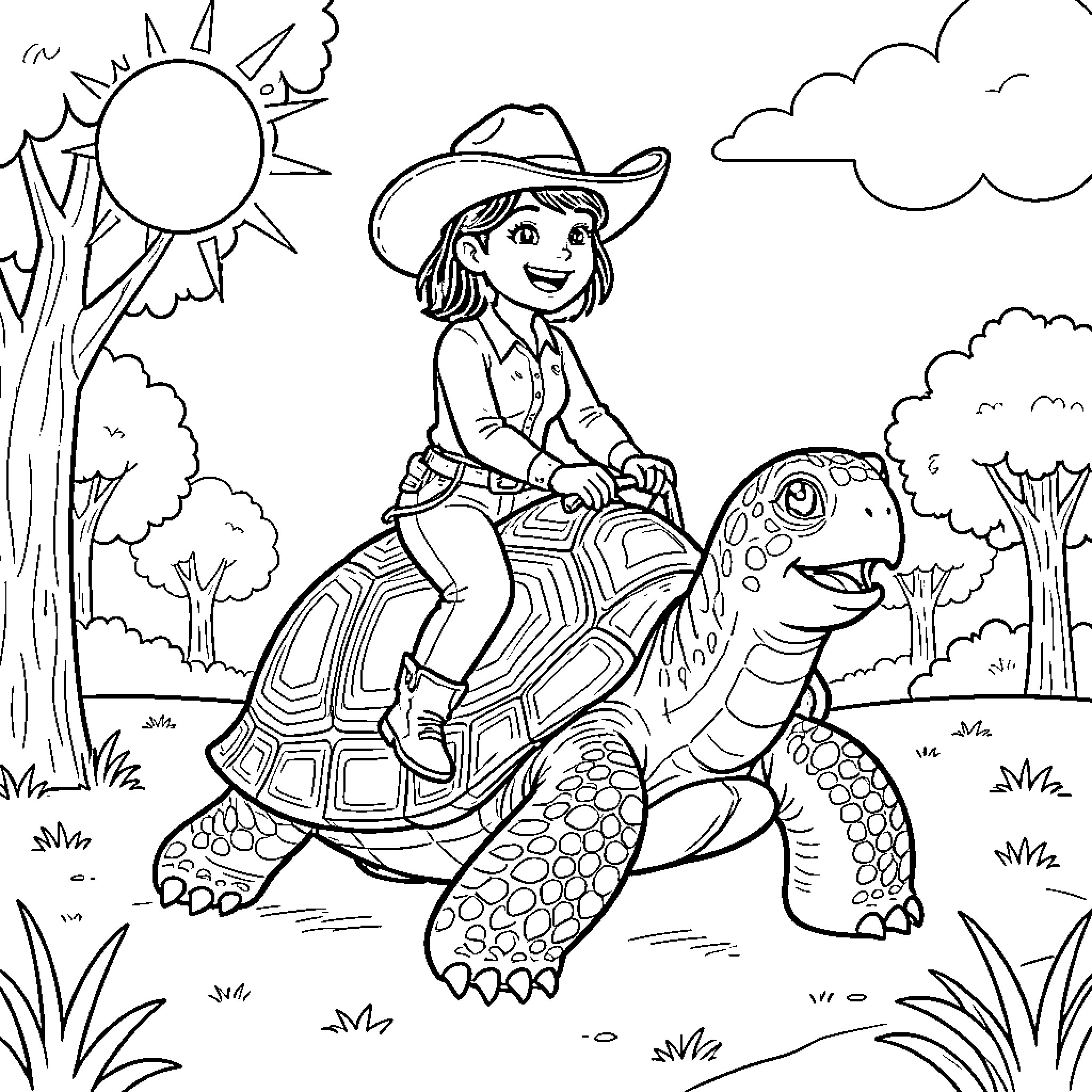 Cowgirl riding a giant tortoise in nature Coloring Page (free black-and-white line drawing printable PDF for all, from beginners to advanced learners, including children, teens, adults, and seniors)