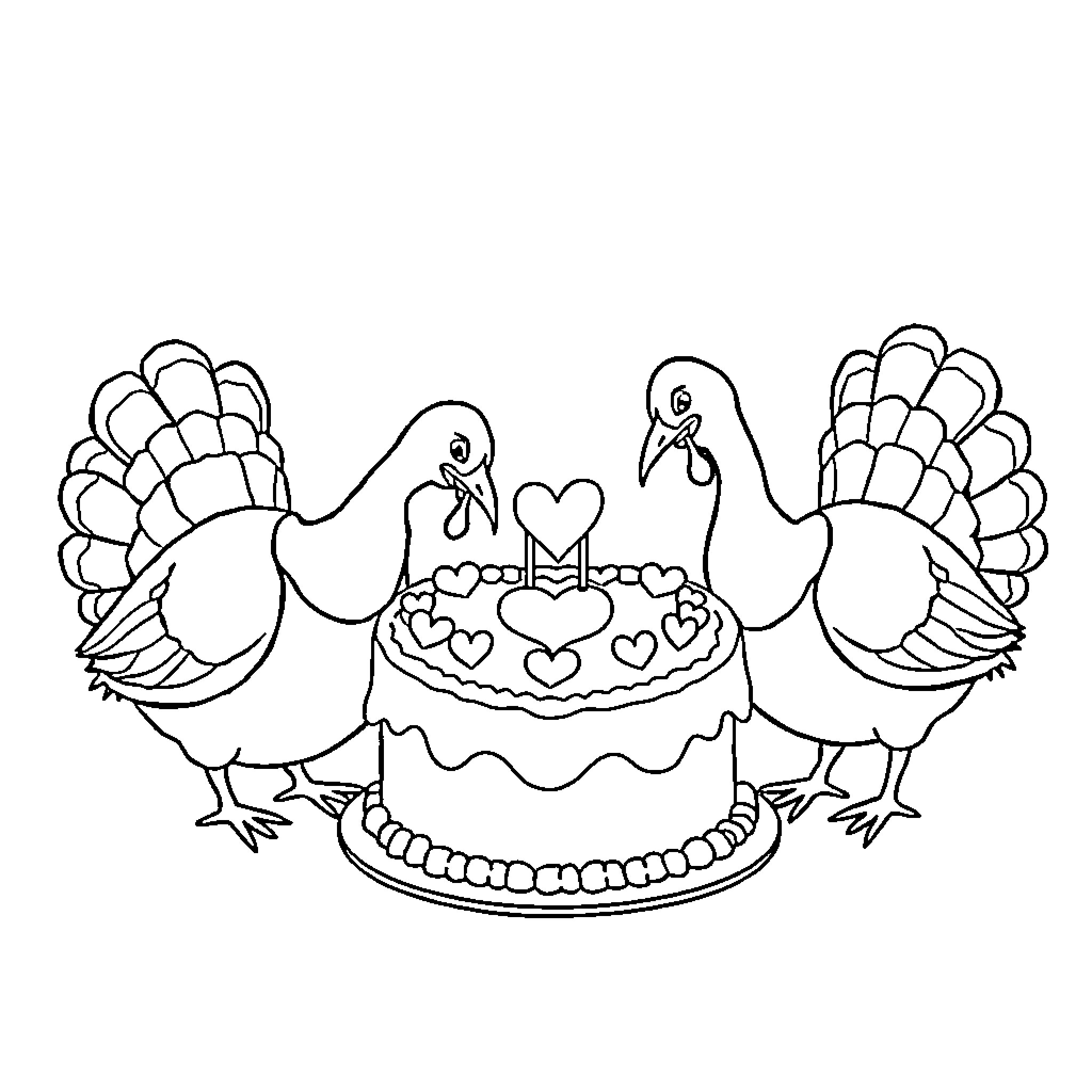 Turkey couple celebrating with heart-shaped cake Coloring Page (free black-and-white line drawing printable PDF for all, from beginners to advanced learners, including children, teens, adults, and seniors)