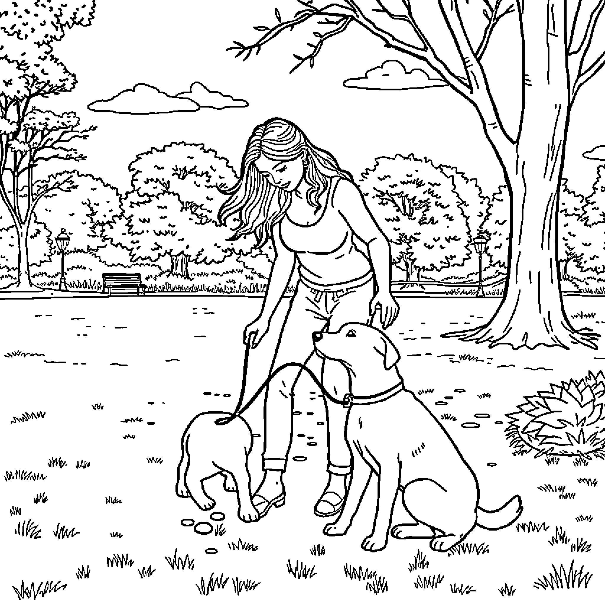 Dog and owner enjoying outdoor adventure Coloring Page (free black-and-white line drawing printable PDF for all, from beginners to advanced learners, including children, teens, adults, and seniors)