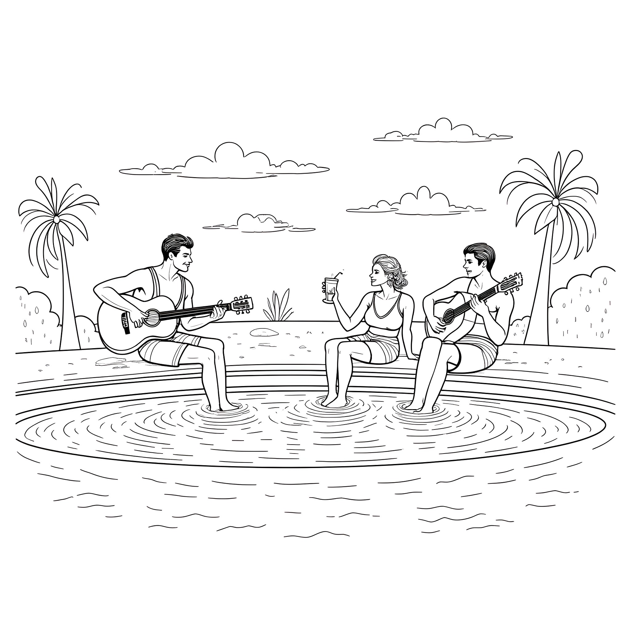 Guitar playing friends in tropical beach scene Coloring Page (free black-and-white line drawing printable PDF for all, from beginners to advanced learners, including children, teens, adults, and seniors)
