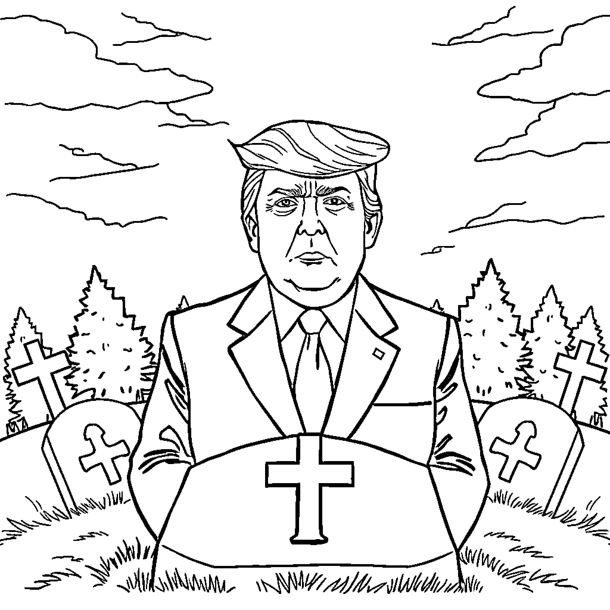 Trump in Graveyard with Religious Symbols Coloring Page (free black-and-white line drawing printable PDF for all, from beginners to advanced learners, including children, teens, adults, and seniors)