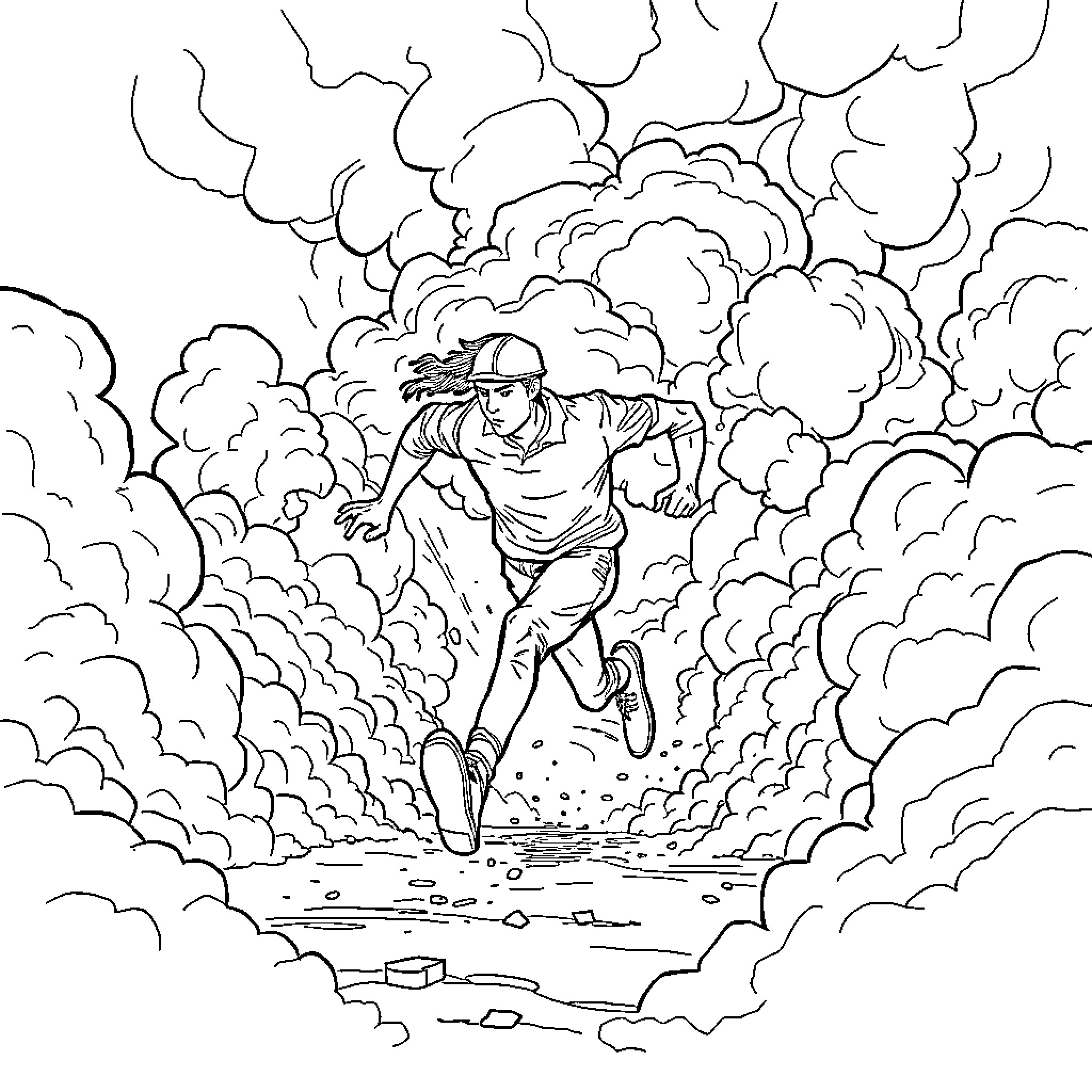 Person running through clouds of smoke or dust Coloring Page (free black-and-white line drawing printable PDF for all, from beginners to advanced learners, including children, teens, adults, and seniors)