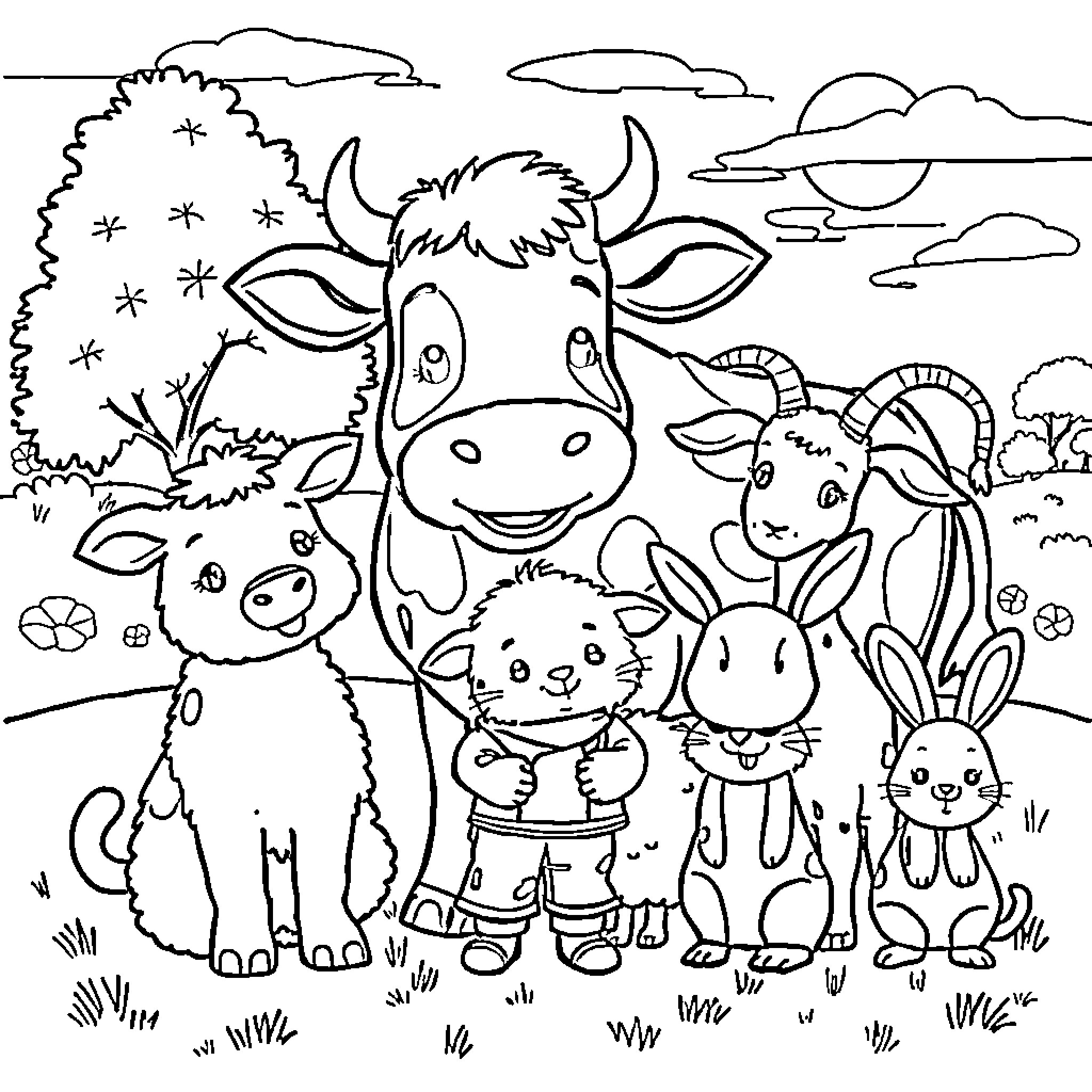 Cow and Farm Animals in Scenic Countryside Coloring Page (free black-and-white line drawing printable PDF for all, from beginners to advanced learners, including children, teens, adults, and seniors)