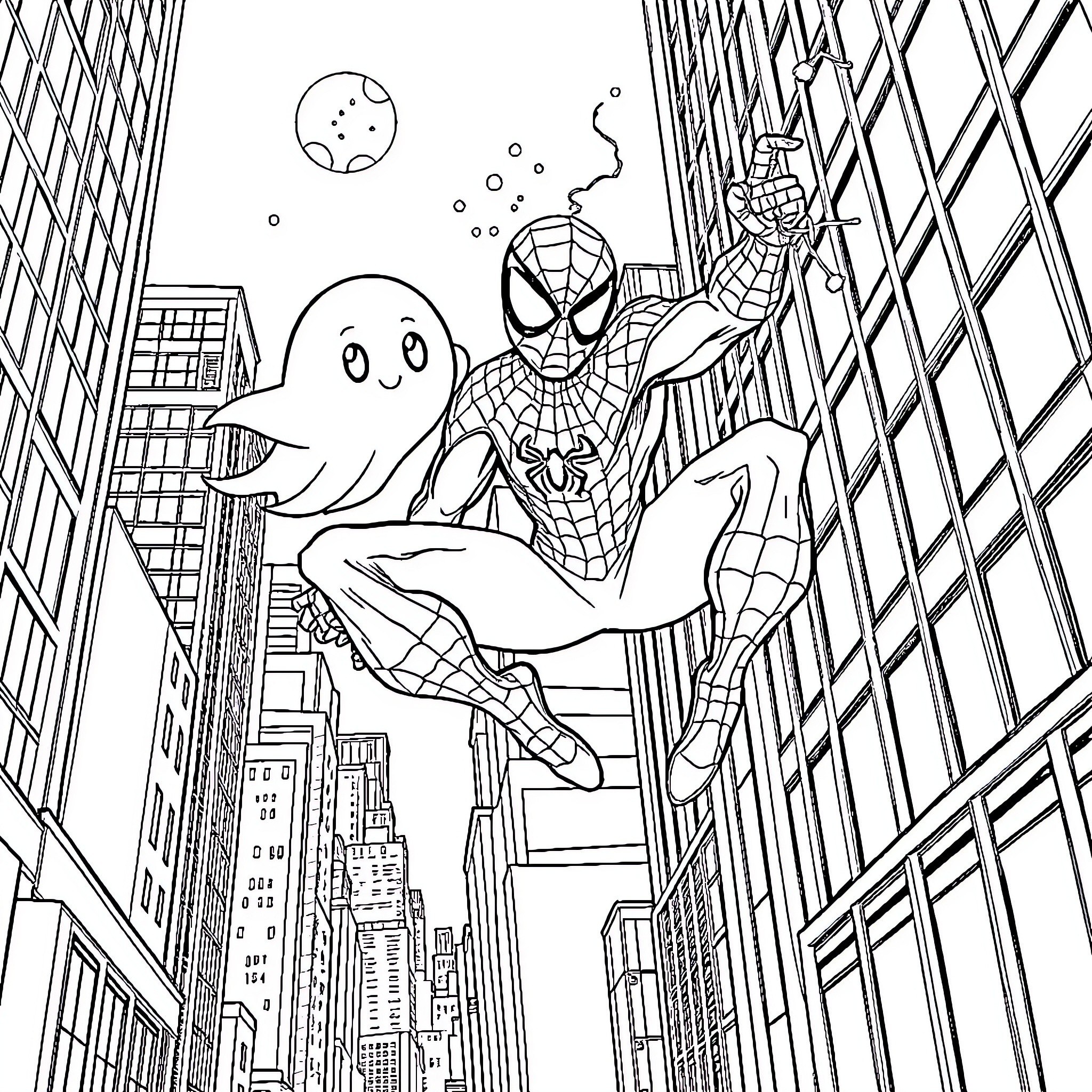 Spiderman swinging through the city with a ghostly companion Coloring Page (free black-and-white line drawing printable PDF for all, from beginners to advanced learners, including children, teens, adults, and seniors)