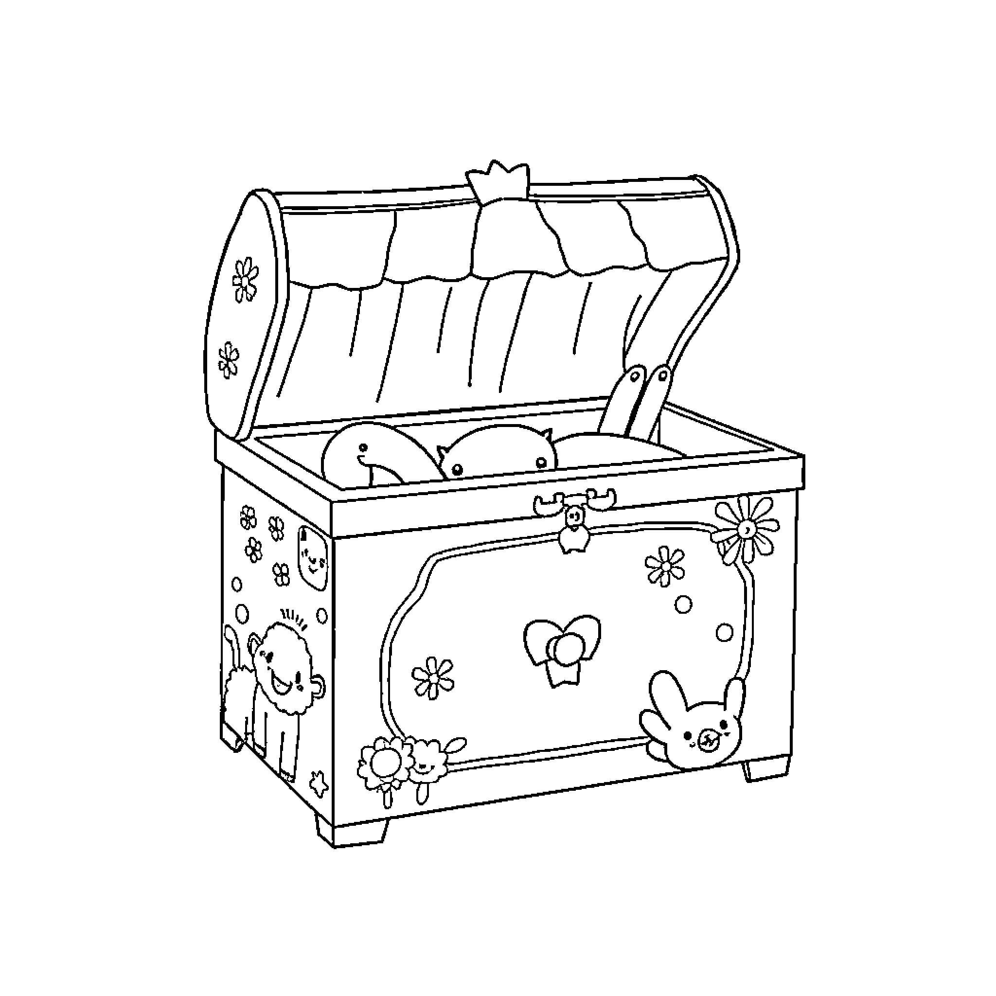 Babybox with decorative chest containing toys Coloring Page (free black-and-white line drawing printable PDF for all, from beginners to advanced learners, including children, teens, adults, and seniors)