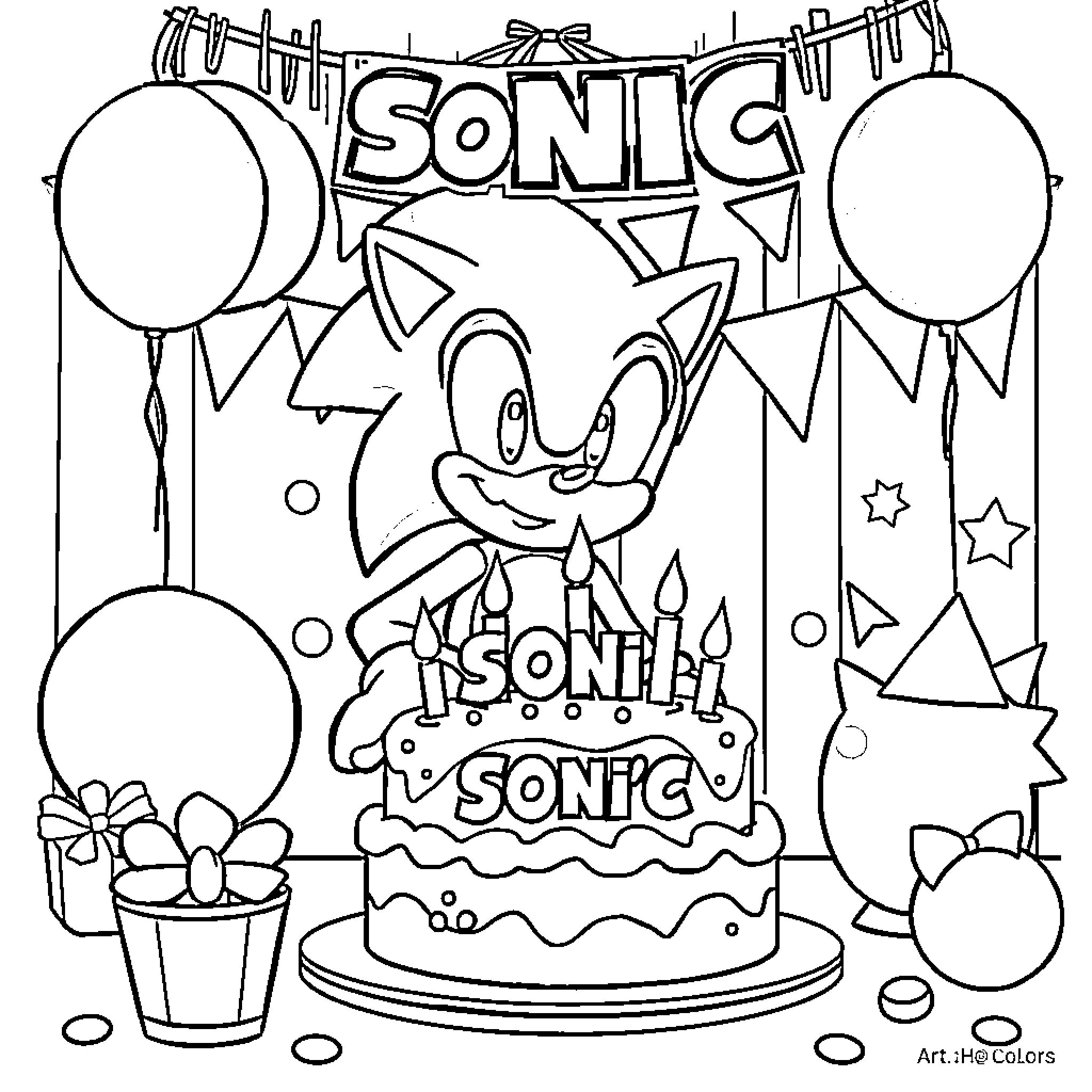 Sonic's Birthday Party with Balloons and Cake Coloring Page (free black-and-white line drawing printable PDF for all, from beginners to advanced learners, including children, teens, adults, and seniors)