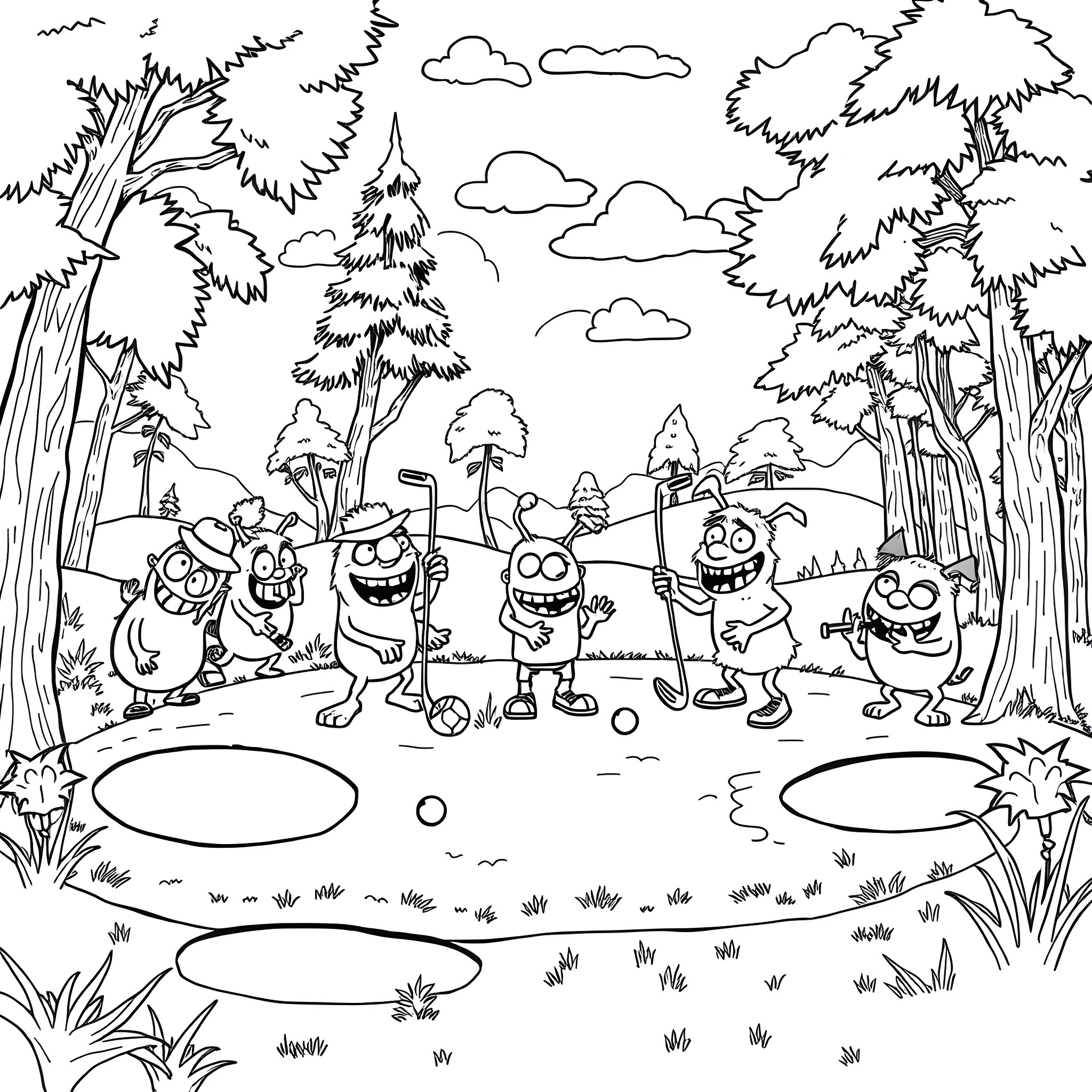 Monster creatures playing together in the forest Coloring Page (free black-and-white line drawing printable PDF for all, from beginners to advanced learners, including children, teens, adults, and seniors)