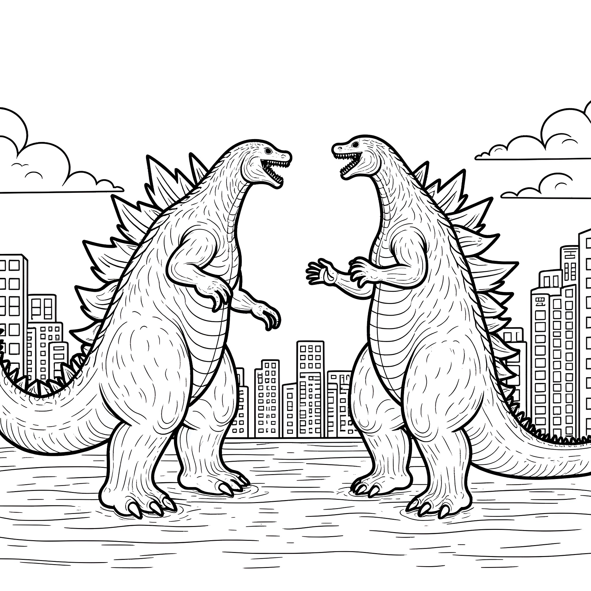 Godzilla monsters battling in the city Coloring Page (free black-and-white line drawing printable PDF for all, from beginners to advanced learners, including children, teens, adults, and seniors)