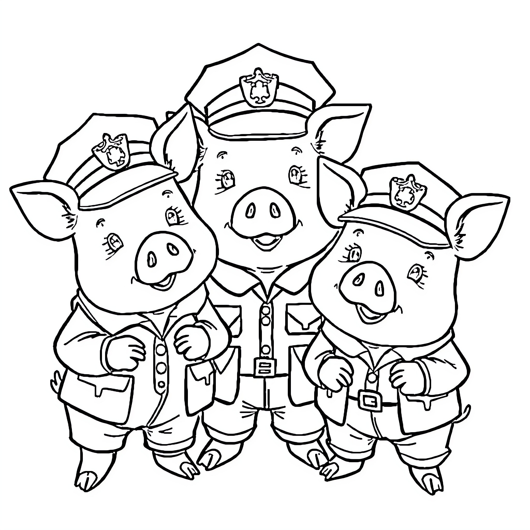 Pig police officers in uniform Coloring Page (free black-and-white line drawing printable PDF for all, from beginners to advanced learners, including children, teens, adults, and seniors)