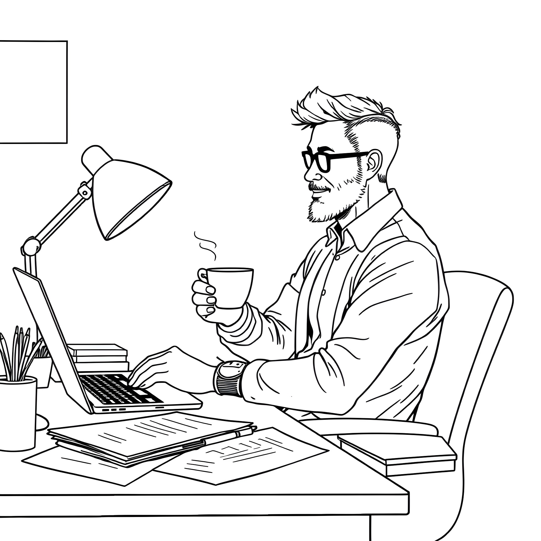 Daddy working diligently at his desk with a cup of coffee Coloring Page (free black-and-white line drawing printable PDF for all, from beginners to advanced learners, including children, teens, adults, and seniors)