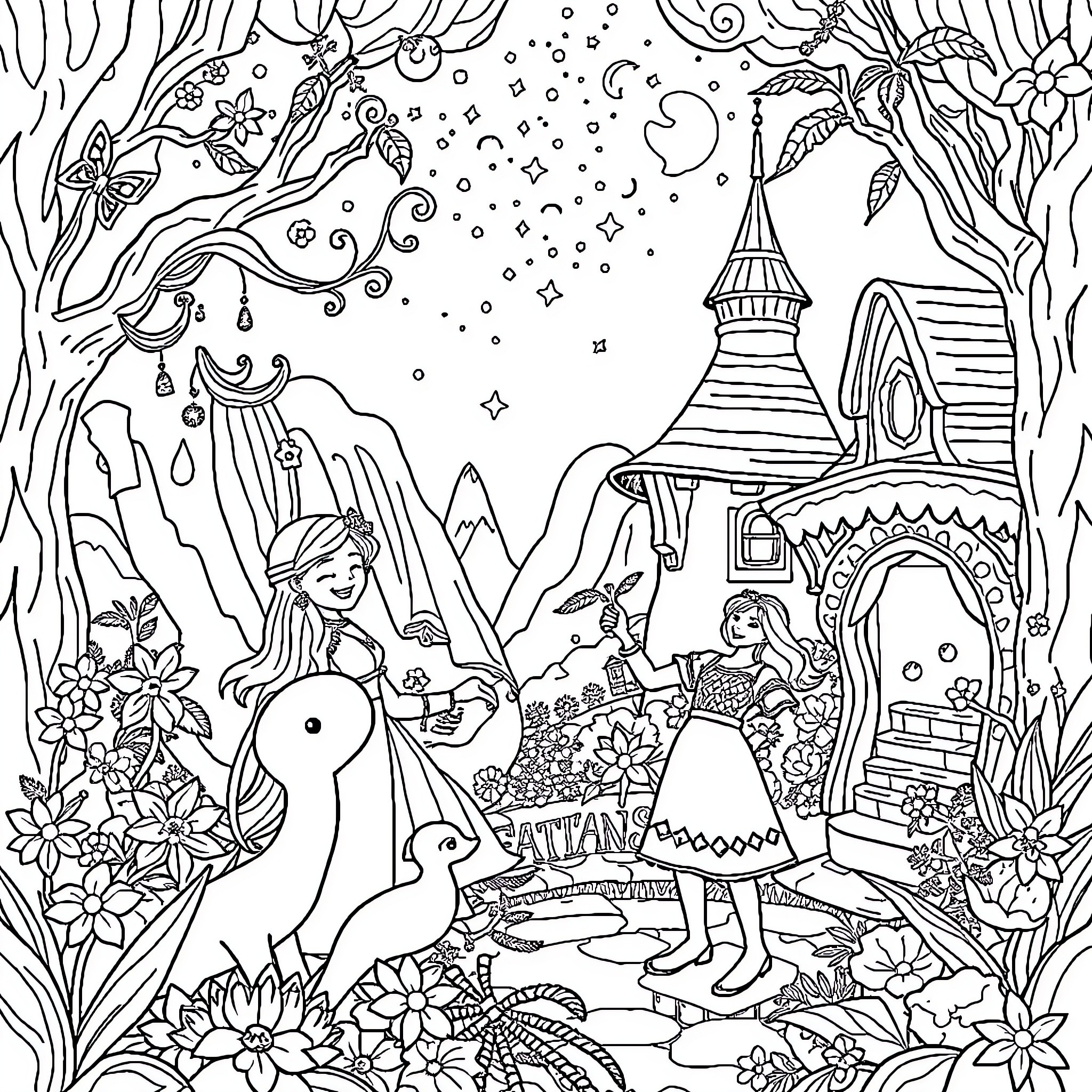 Encanto characters in a whimsical, fantastical scene Coloring Page (free black-and-white line drawing printable PDF for all, from beginners to advanced learners, including children, teens, adults, and seniors)