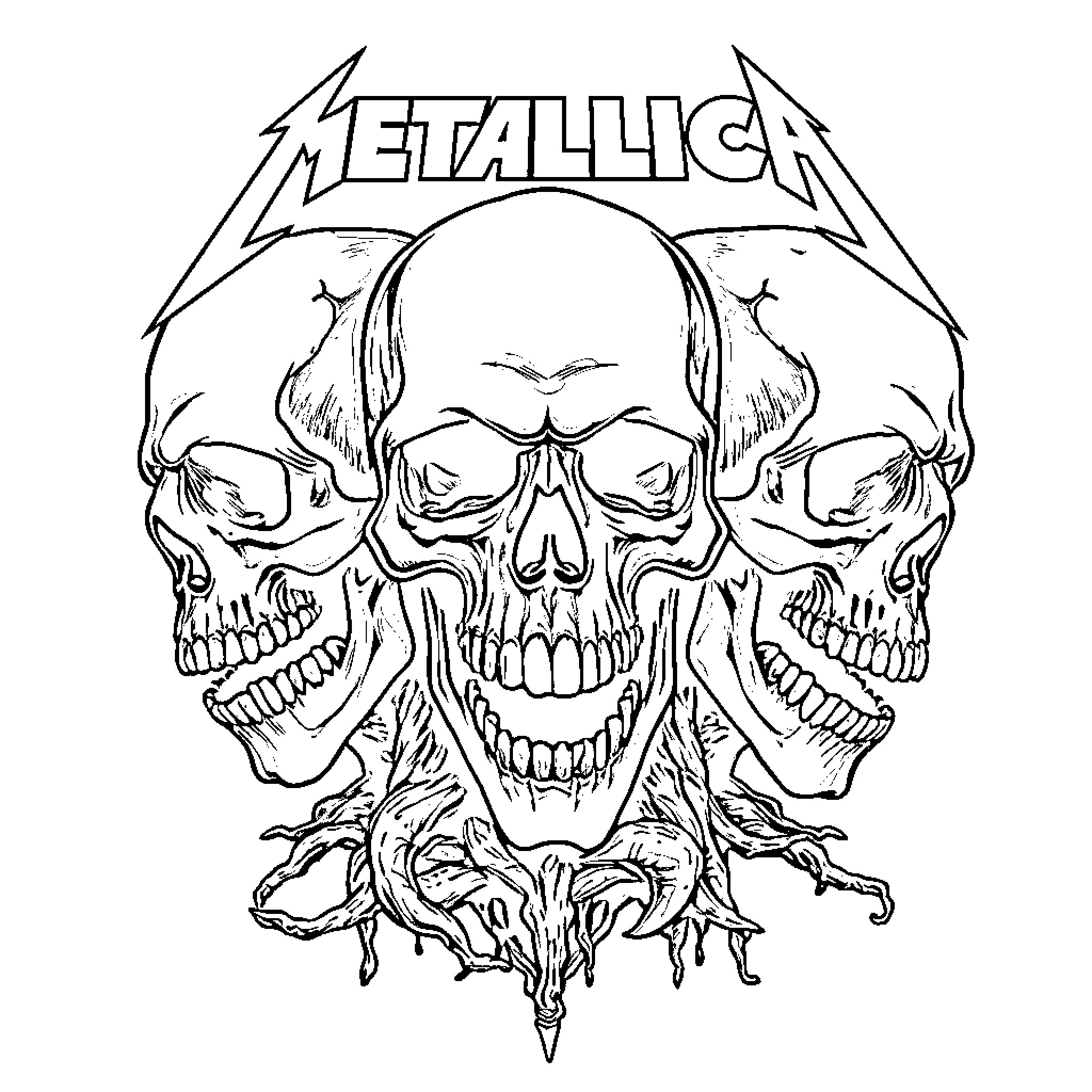 Skull Trio with Metal Band Logo Coloring Page (free black-and-white line drawing printable PDF for all, from beginners to advanced learners, including children, teens, adults, and seniors)