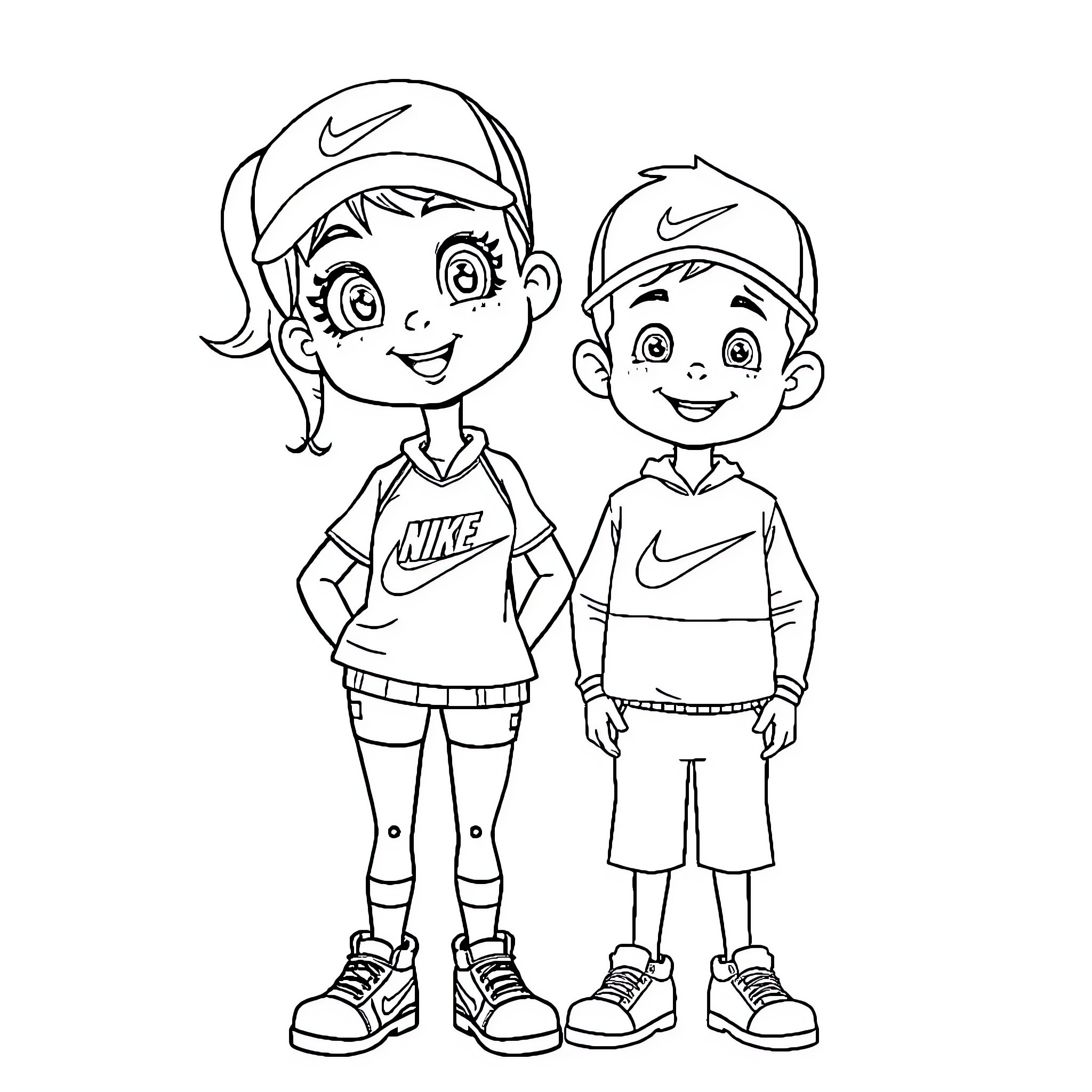 Nike Kids Having Fun Together Coloring Page (free black-and-white line drawing printable PDF for all, from beginners to advanced learners, including children, teens, adults, and seniors)