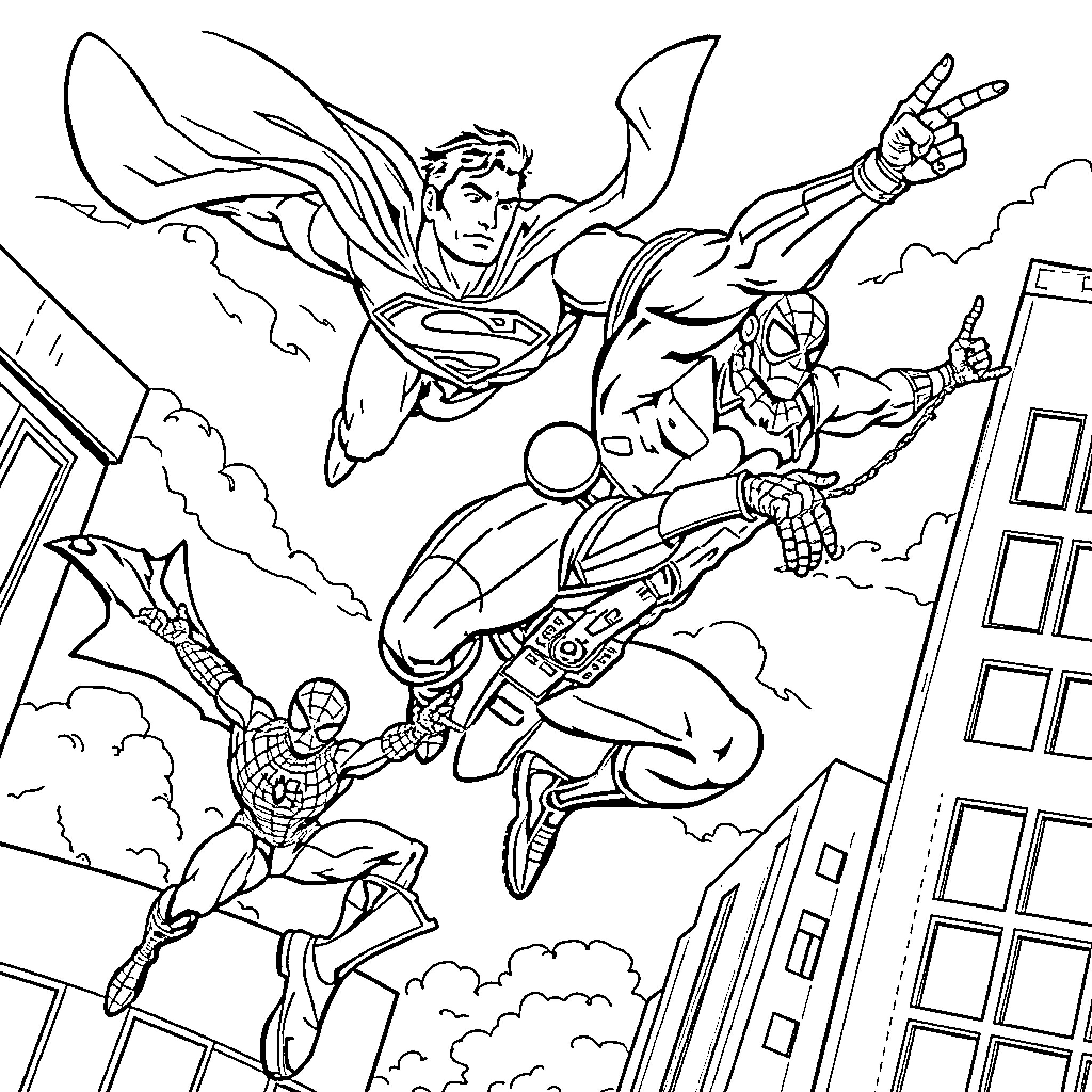 Superman and superheroes in action-packed scene Coloring Page (free black-and-white line drawing printable PDF for all, from beginners to advanced learners, including children, teens, adults, and seniors)