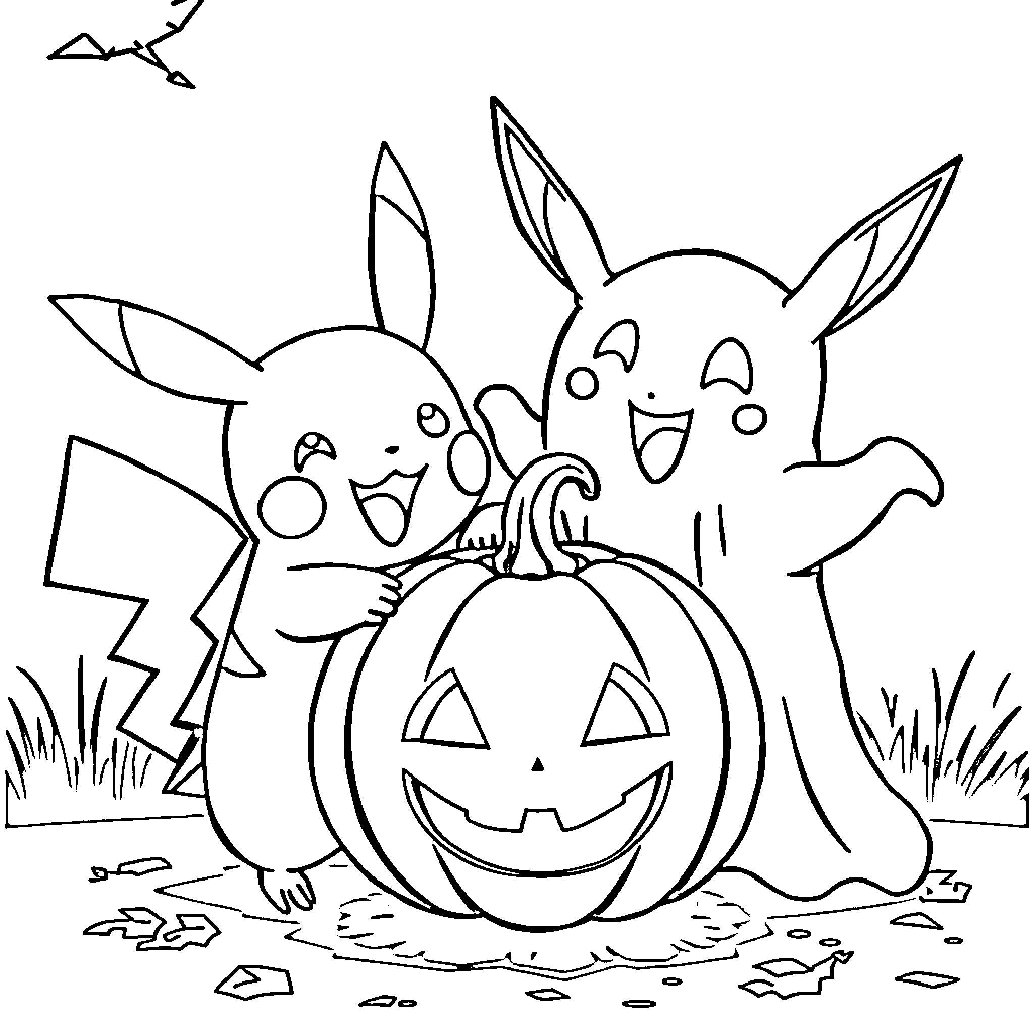 Pikachu and friends enjoying Halloween pumpkin Coloring Page (free black-and-white line drawing printable PDF for all, from beginners to advanced learners, including children, teens, adults, and seniors)