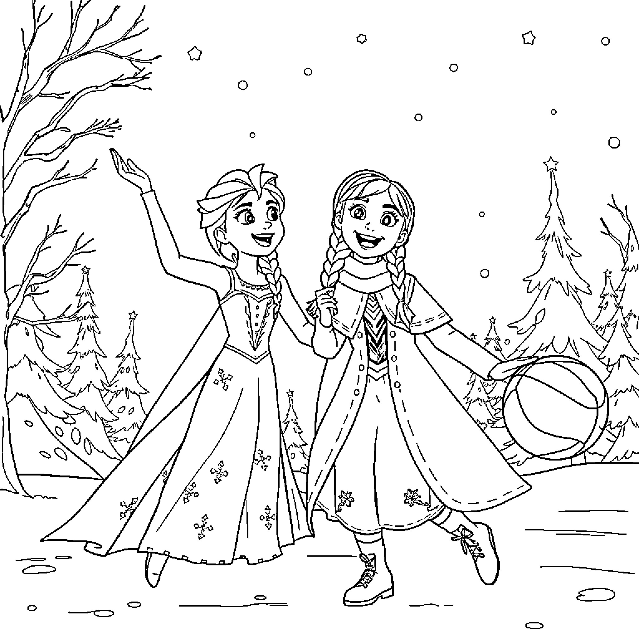 Elsa and Anna playing in the snowy winter wonderland Coloring Page (free black-and-white line drawing printable PDF for all, from beginners to advanced learners, including children, teens, adults, and seniors)